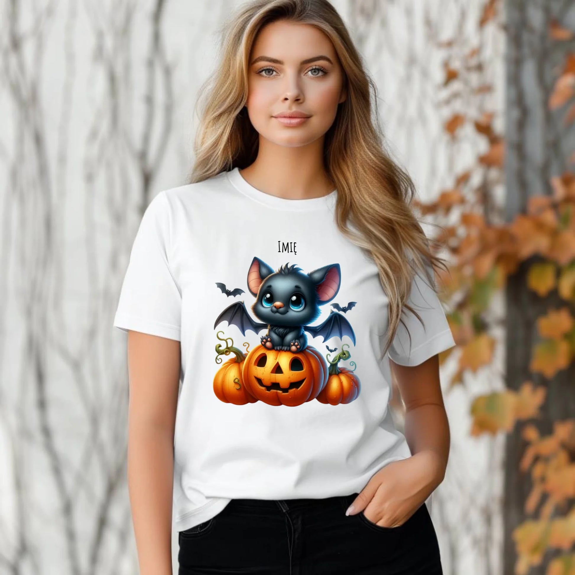 Koszulka damska halloweenowa - Słodki nietoperz z dynią - personalizowana HL09 - StoryCups.pl