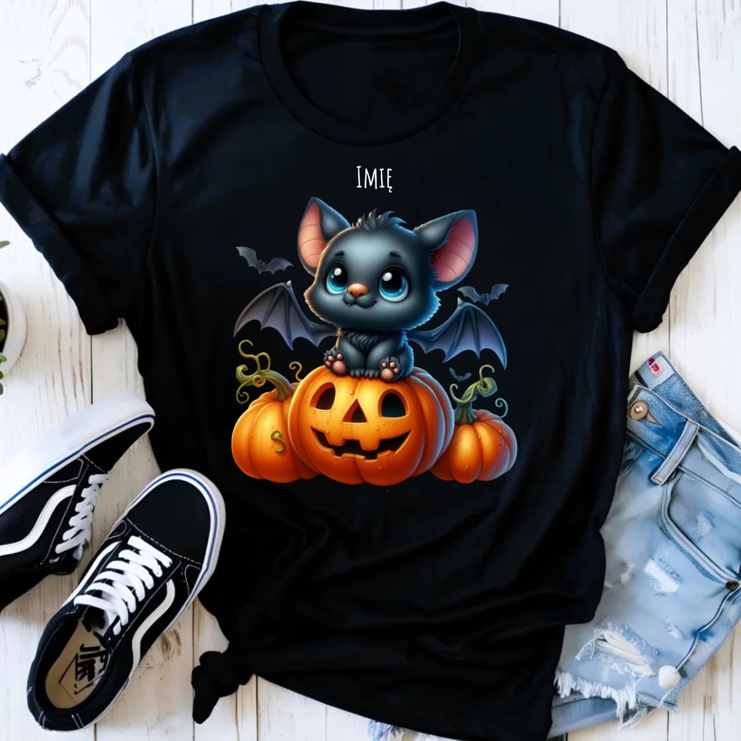 Koszulka damska halloweenowa - Słodki nietoperz z dynią - personalizowana HL09 - StoryCups.pl