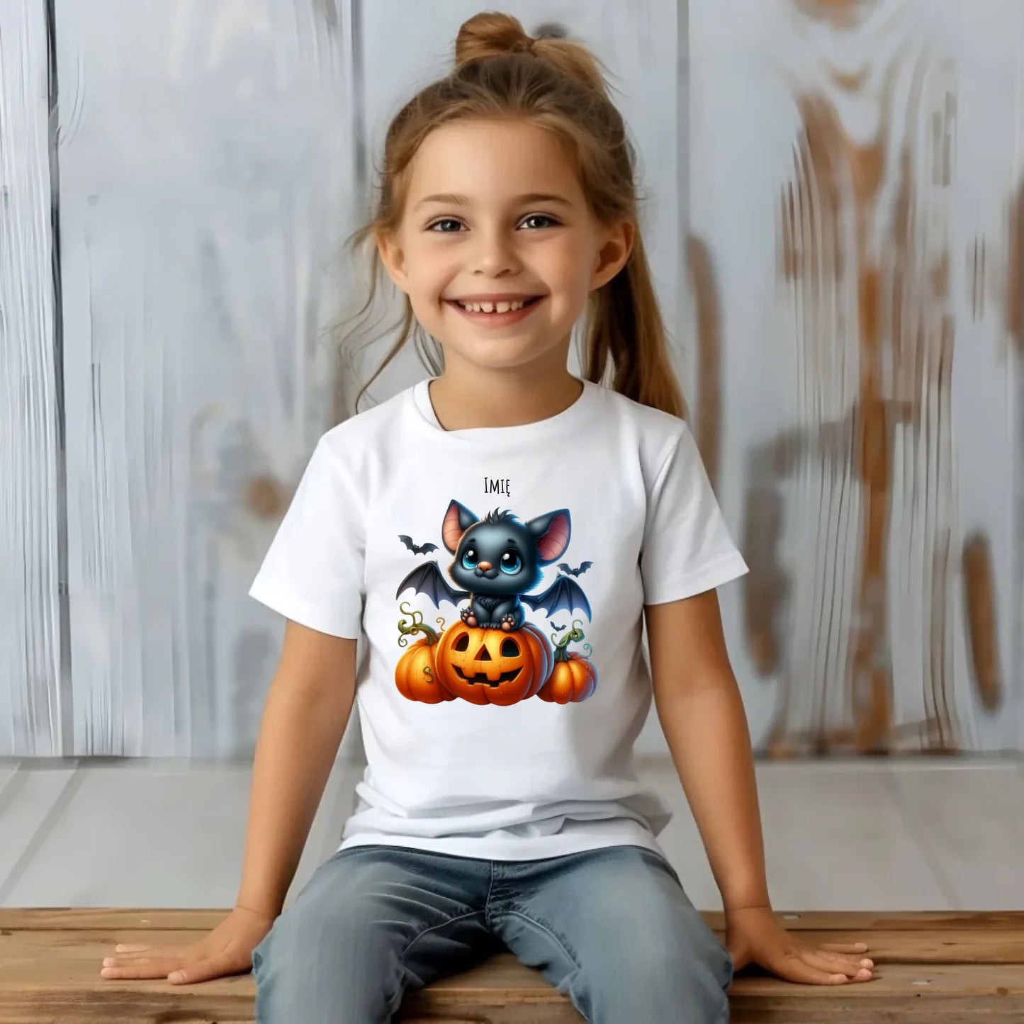 Koszulka dziecięca halloweenowa - Słodki nietoperz z dynią - personalizowana HL09 - StoryCups.pl