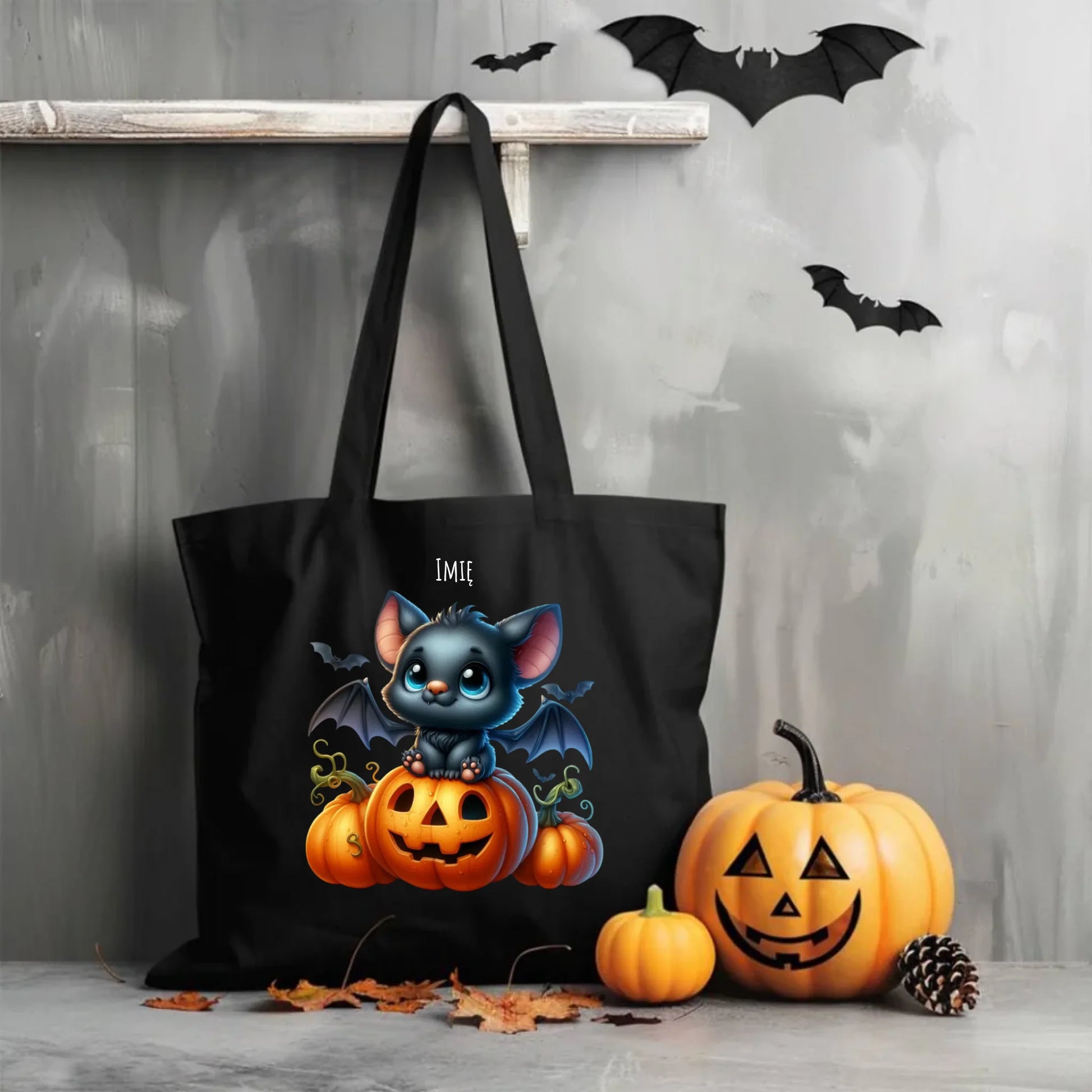 Torba halloweenowa - Słodki nietoperz z dynią - personalizowana HL09 - StoryCups.pl