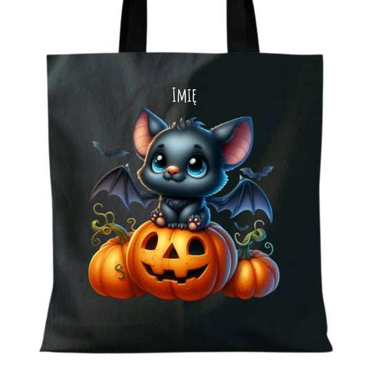 Torba halloweenowa - Słodki nietoperz z dynią - personalizowana HL09 - StoryCups.pl