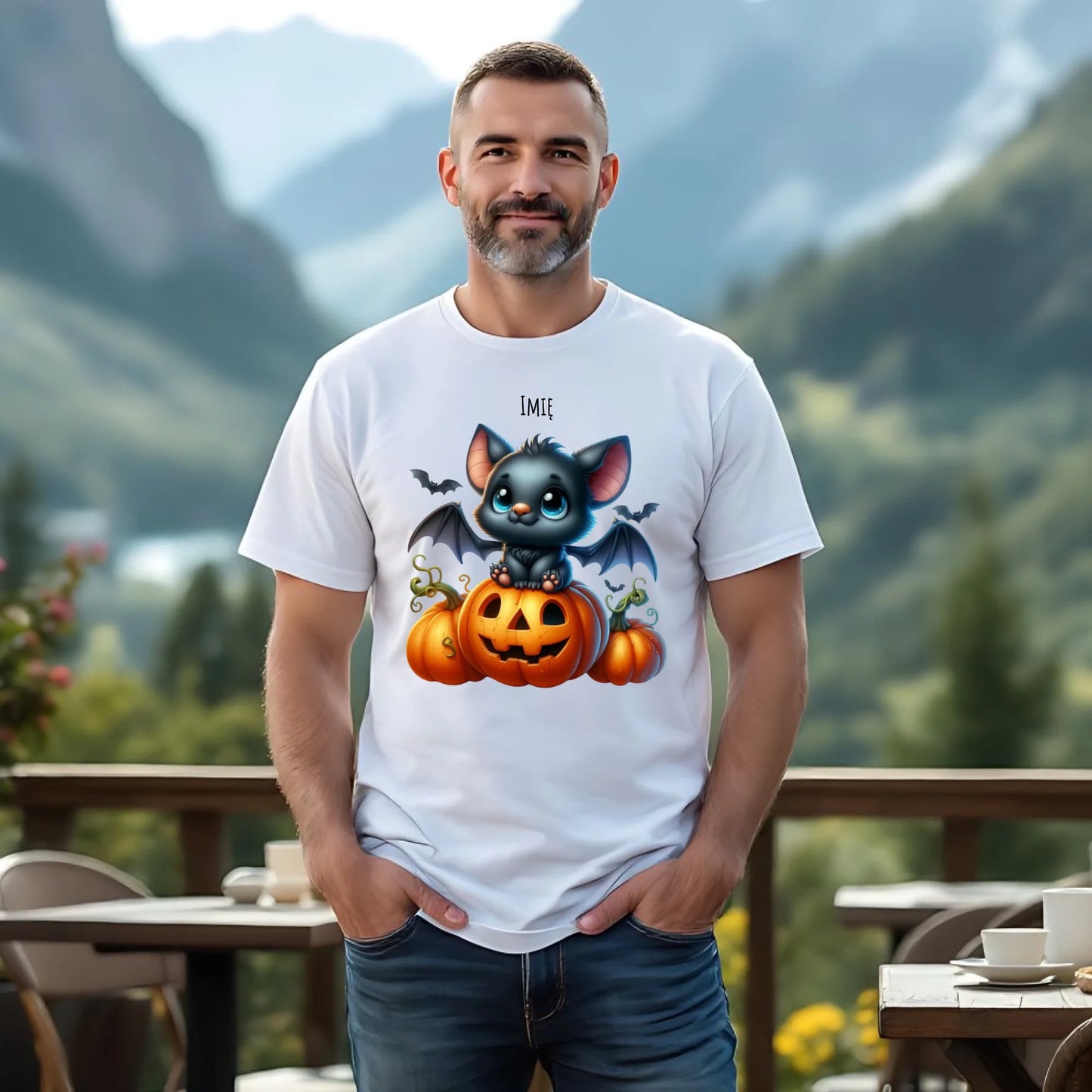 Koszulka męska halloweenowa - Słodki nietoperz z dynią - personalizowana HL09 - StoryCups.pl