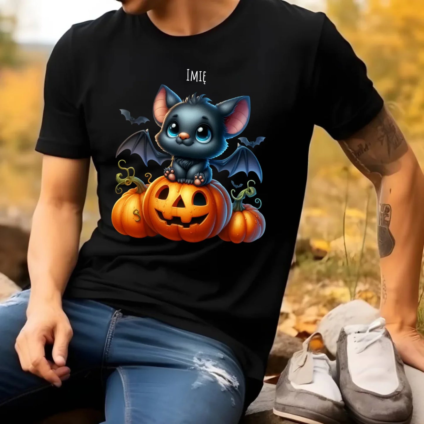 Koszulka męska halloweenowa - Słodki nietoperz z dynią - personalizowana HL09 - StoryCups.pl