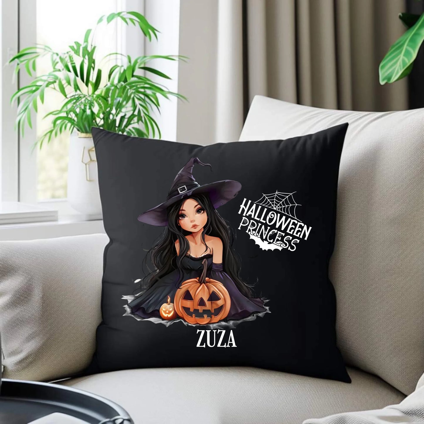 Poduszka dekoracyjna halloweenowa - Czarownica z dynią - personalizowana HL10 - StoryCups.pl