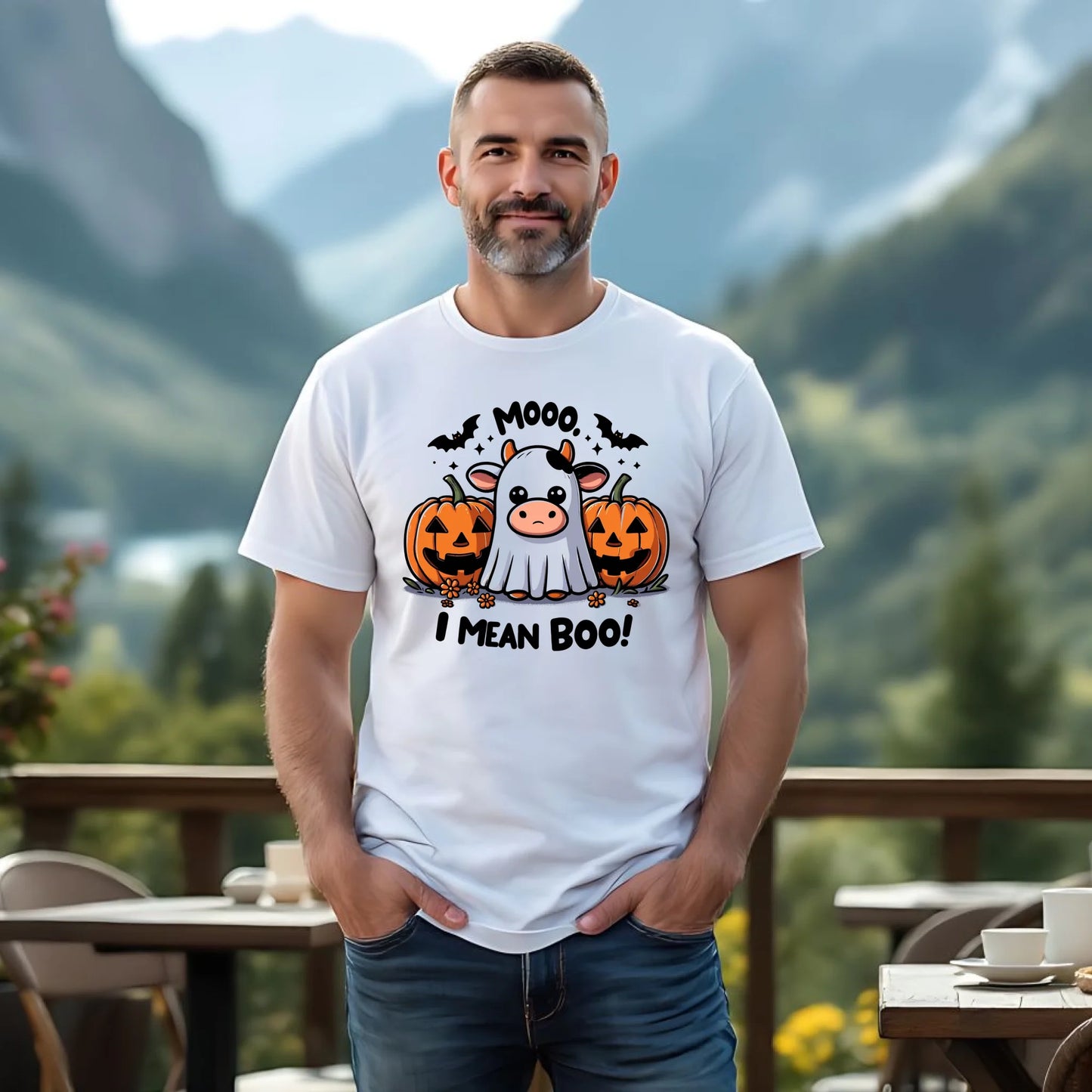 Koszulka męska na Halloween - Mooo I mean Boo! - z dynią i duchem HL14 - StoryCups.pl