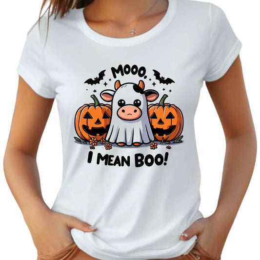 Koszulka damska na Halloween - Mooo I mean Boo! - z dynią i duchem HL14