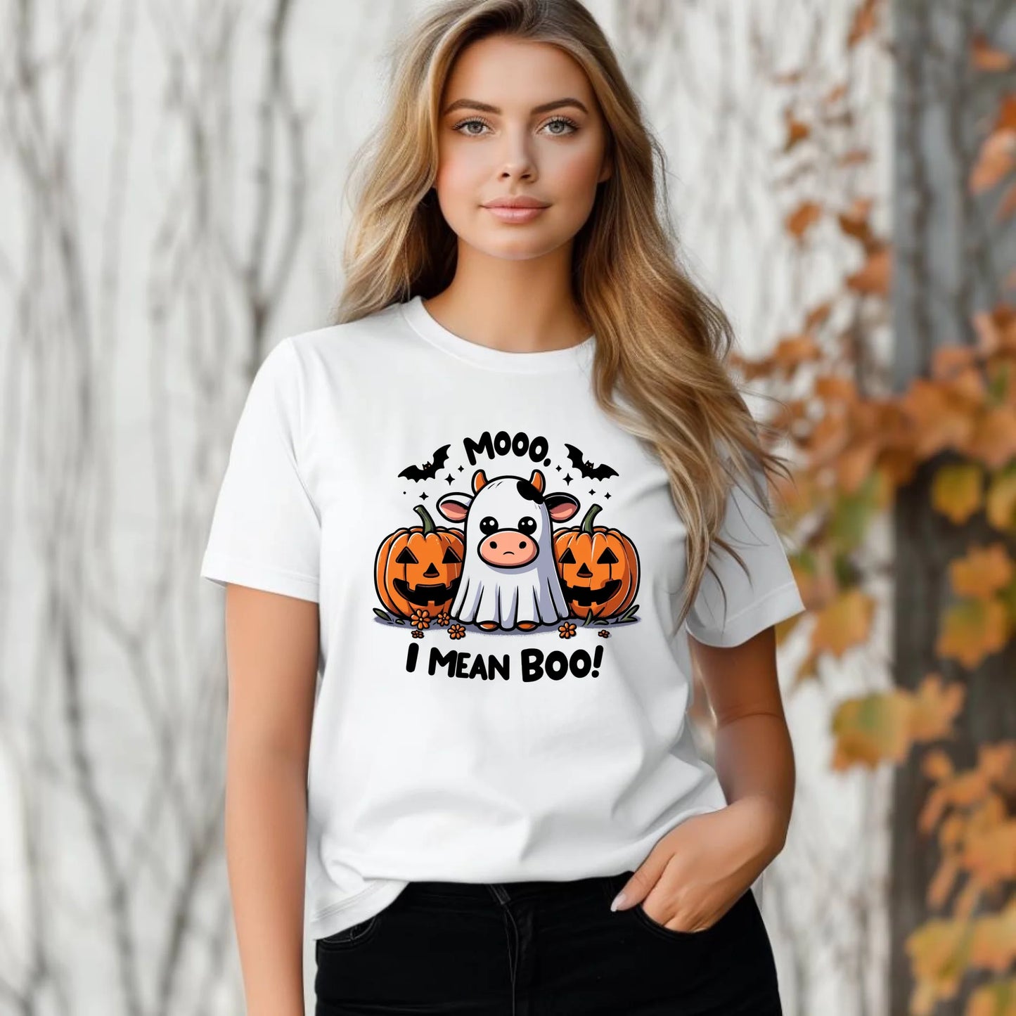 Koszulka damska na Halloween - Mooo I mean Boo! - z dynią i duchem HL14 - StoryCups.pl