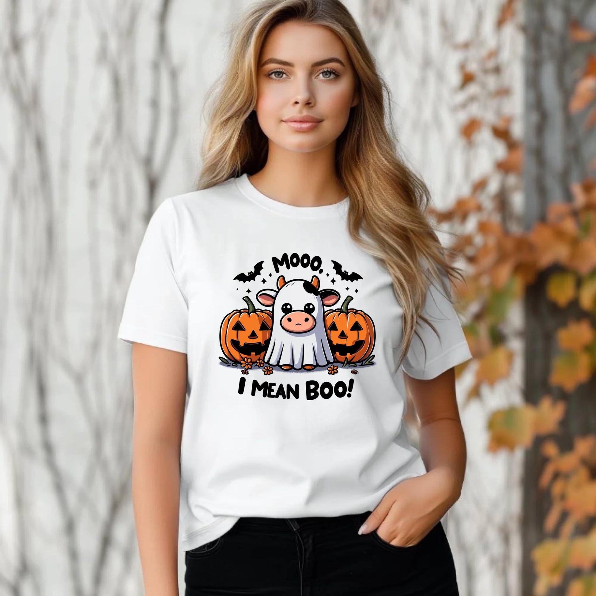 Koszulka damska na Halloween - Mooo I mean Boo! - z dynią i duchem HL14 - StoryCups.pl