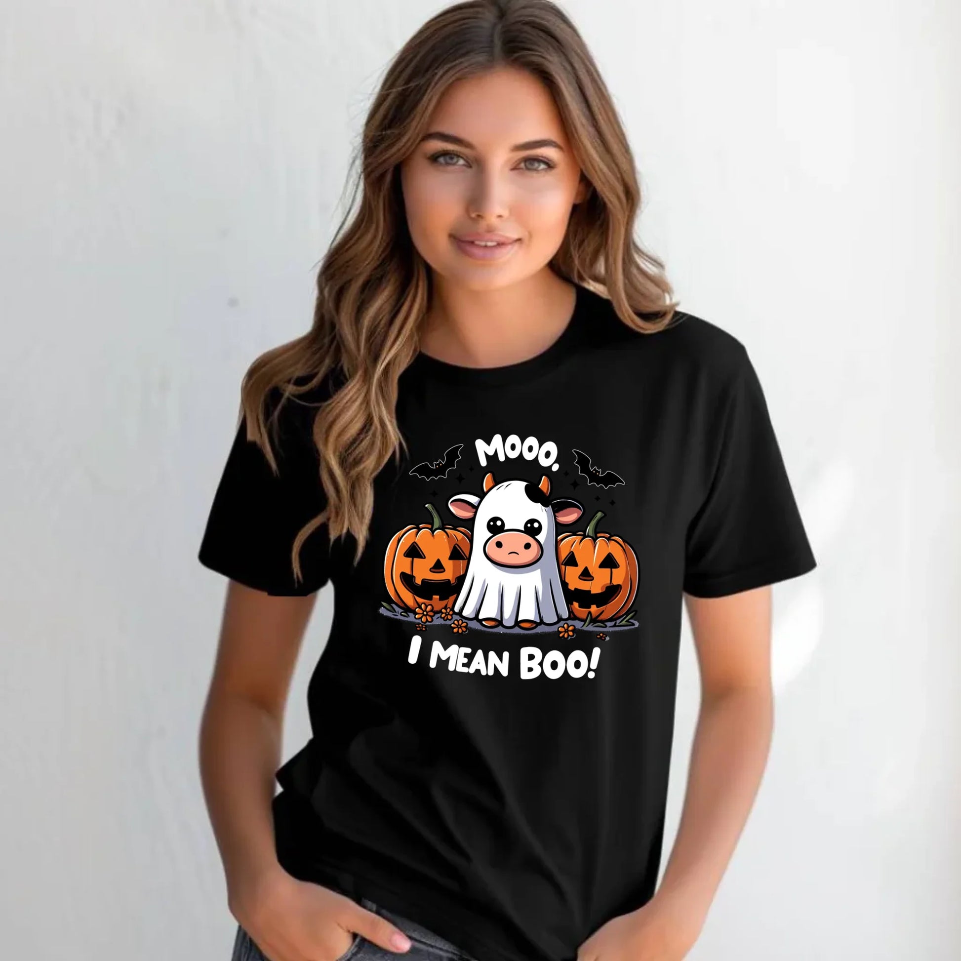Koszulka damska na Halloween - Mooo I mean Boo! - z dynią i duchem HL14 - StoryCups.pl