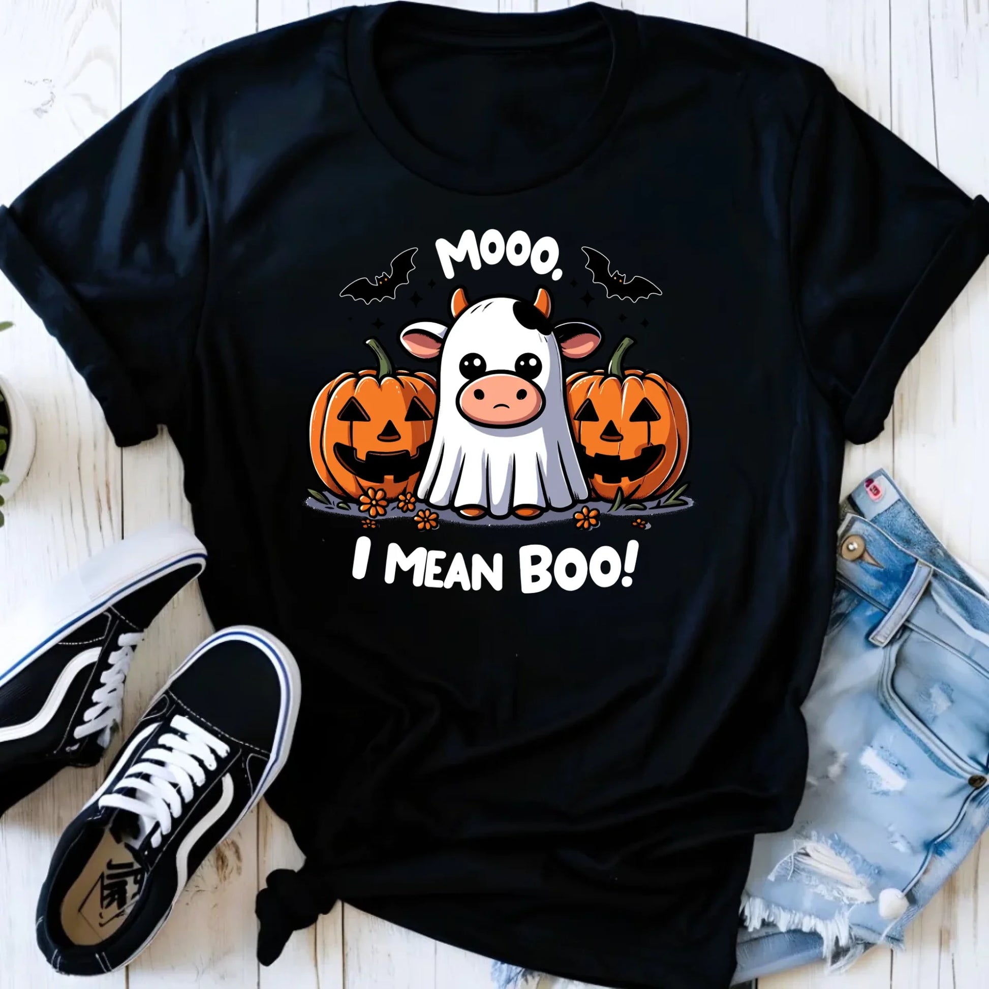 Koszulka damska na Halloween - Mooo I mean Boo! - z dynią i duchem HL14 - StoryCups.pl