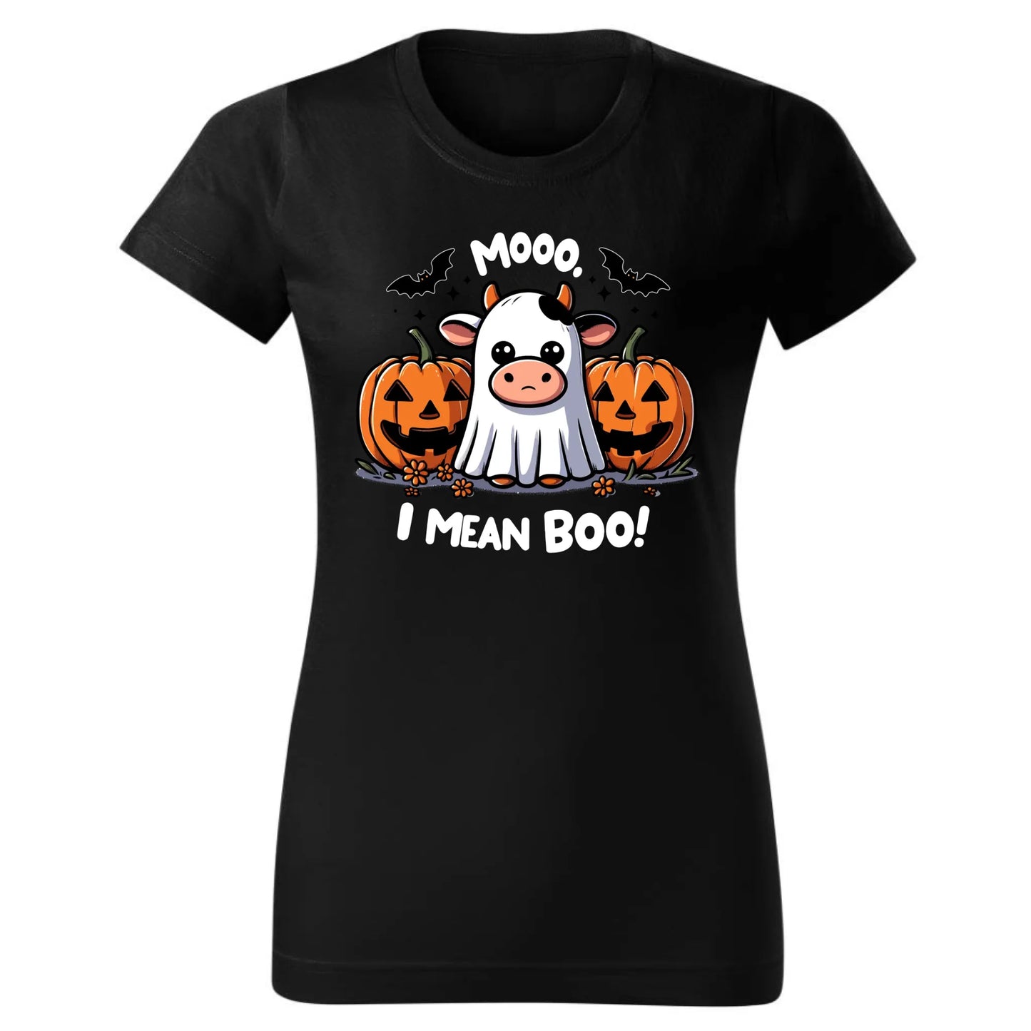 Koszulka damska na Halloween - Mooo I mean Boo! - z dynią i duchem HL14 - StoryCups.pl