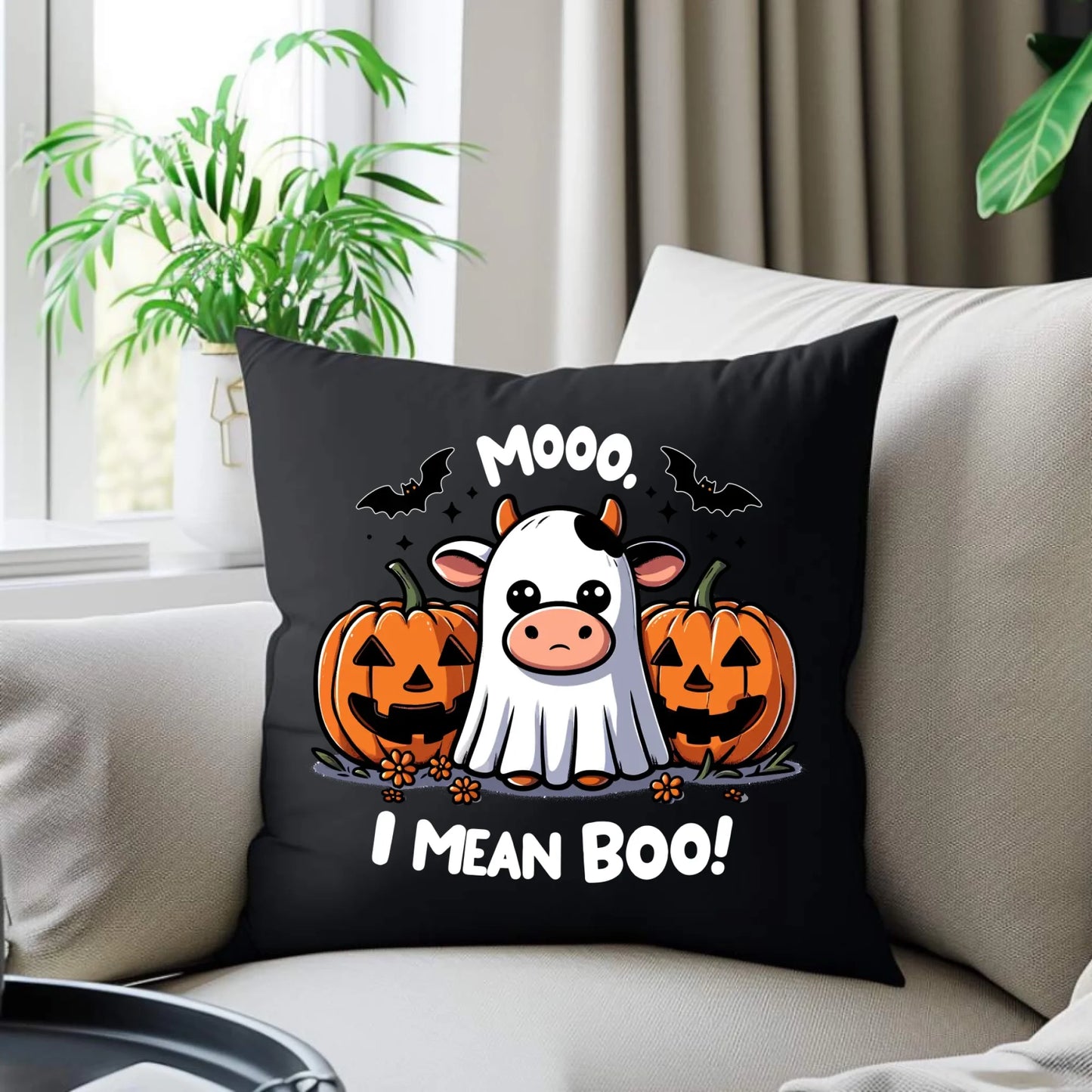 Poduszka dekoracyjna na Halloween - Mooo I mean Boo! - z dynią i duchem HL14 - StoryCups.pl