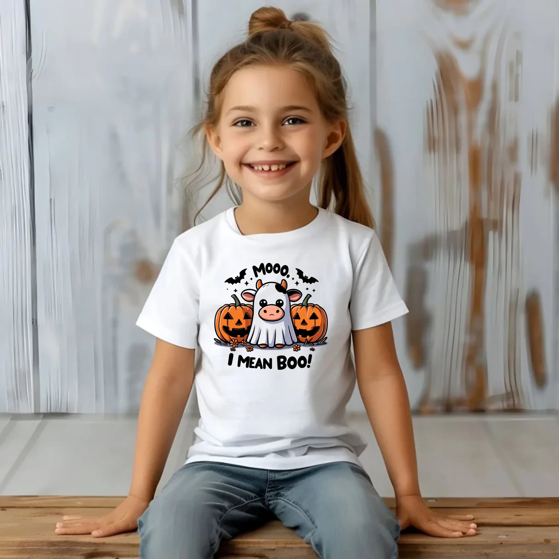 Koszulka dziecięca na Halloween - Mooo I mean Boo! - z dynią i duchem HL14 - StoryCups.pl