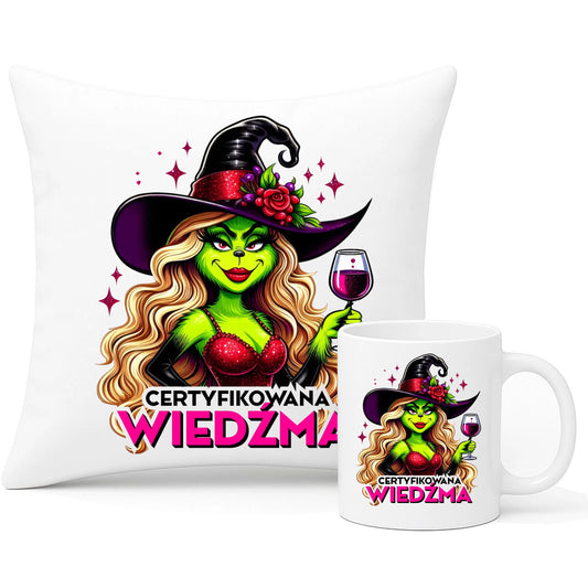 Zestaw poduszka i kubek - Certyfikowana wiedźma - śmieszny HL13 - StoryCups.pl