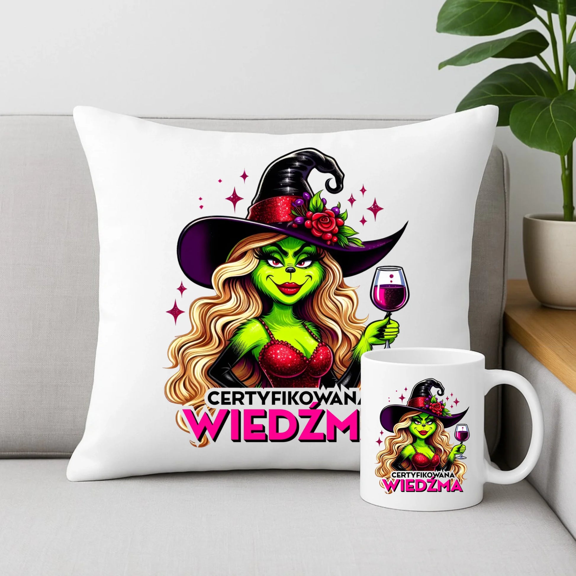 Zestaw poduszka i kubek - Certyfikowana wiedźma - śmieszny HL13 - StoryCups.pl