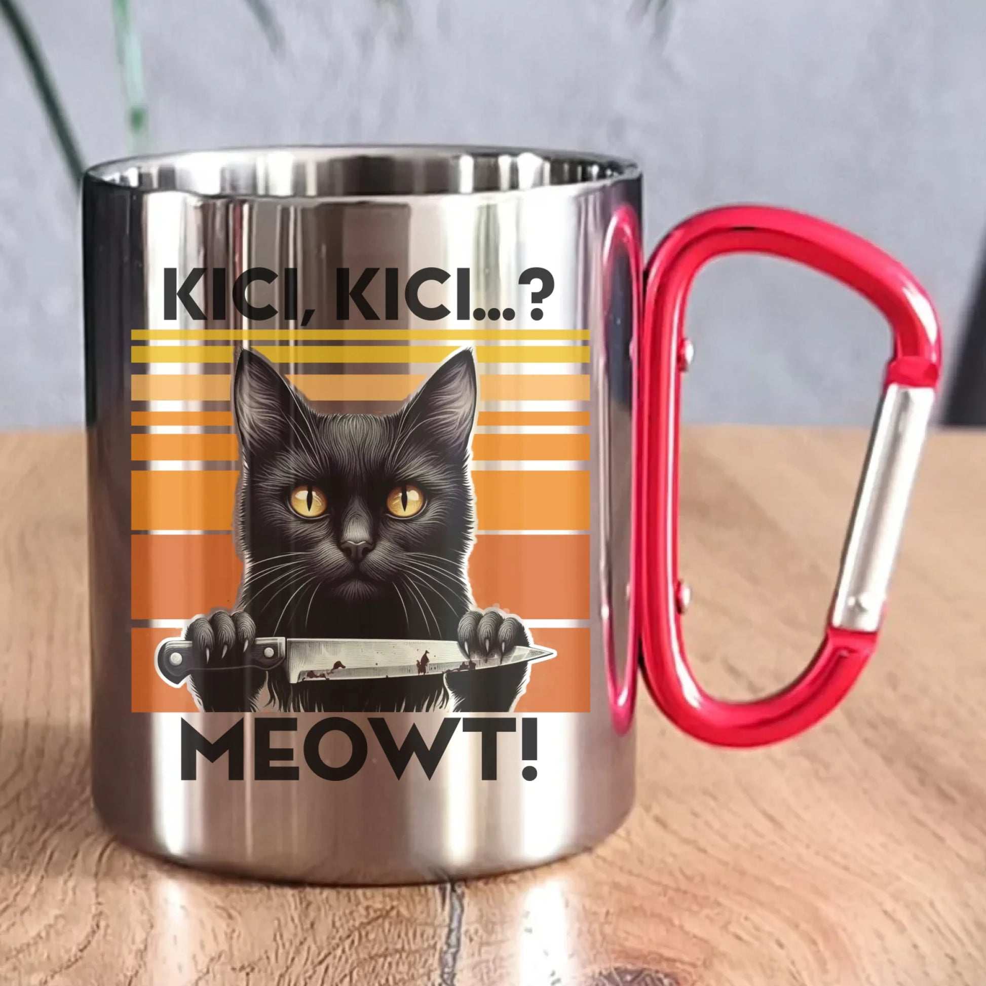 Kubek metalowy - Kot z nożem - Kici, kici... MEOWT! HL17 - StoryCups.pl