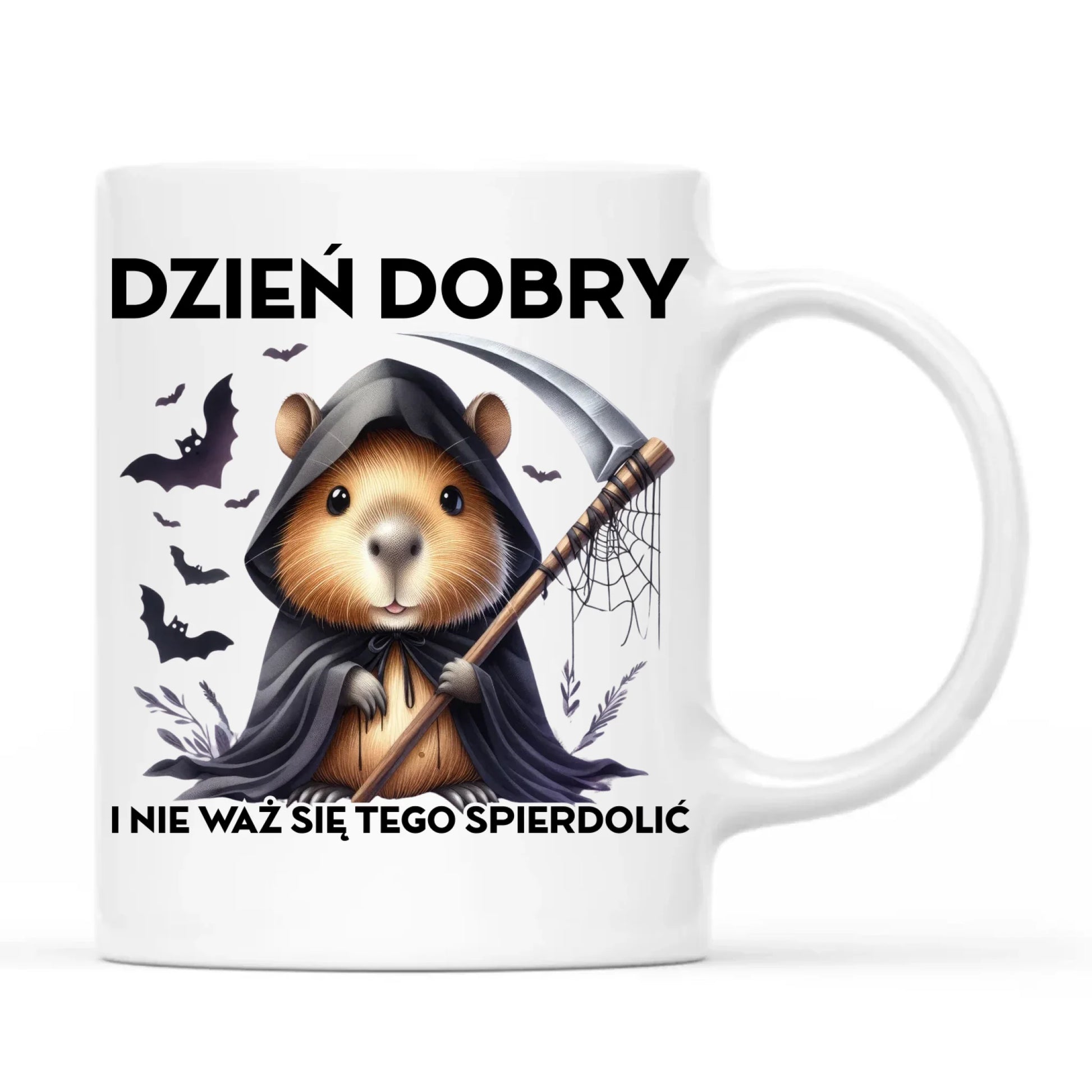Kubek halloweenowy - Kapibara Żniwiarz - Dzień dobry - bez cenzury HL20 - StoryCups.pl