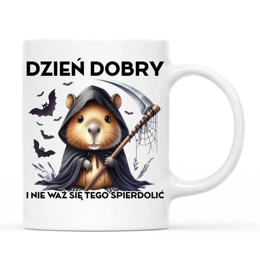 Kubek halloweenowy - Kapibara Żniwiarz - Dzień dobry - bez cenzury HL20 - StoryCups.pl