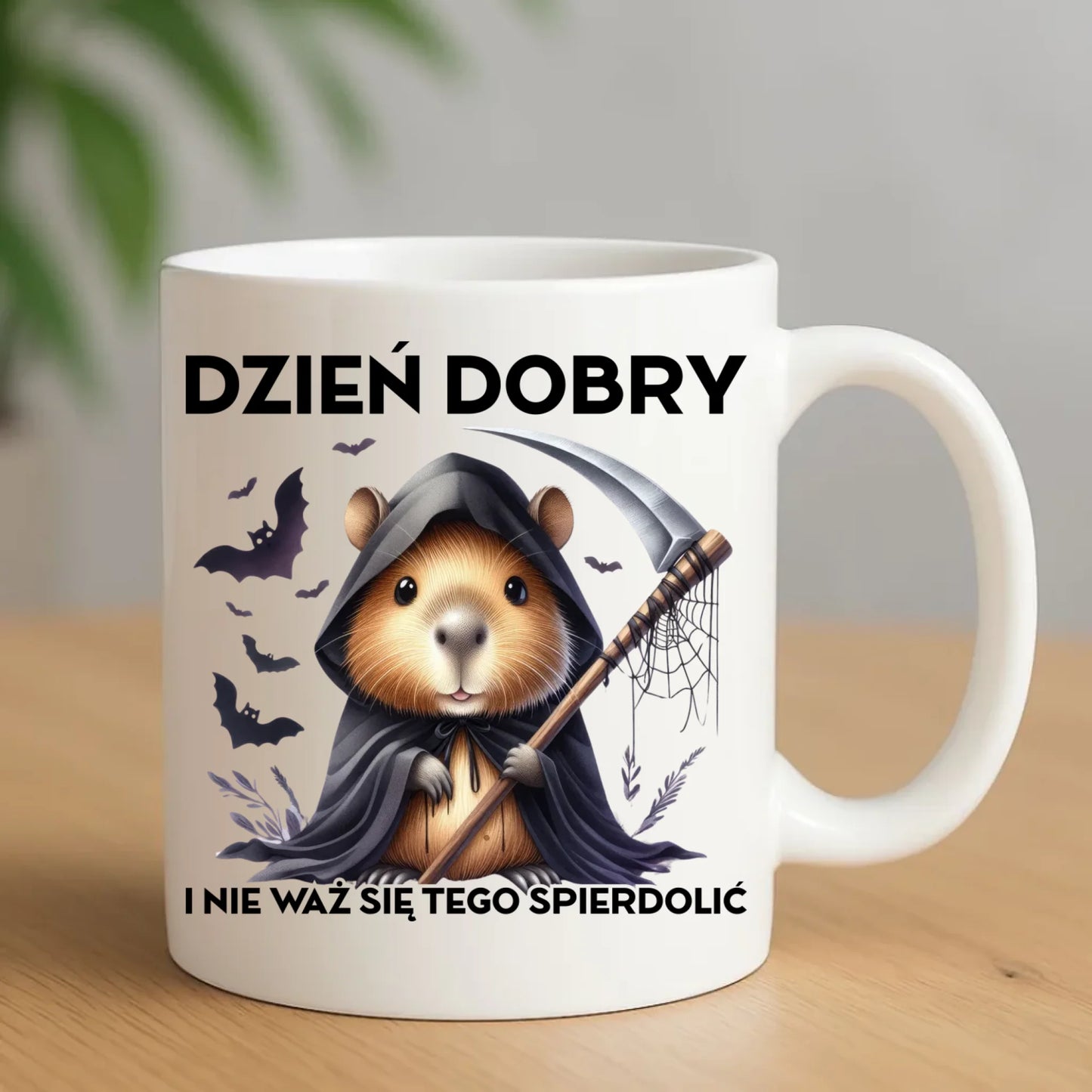 Kubek halloweenowy - Kapibara Żniwiarz - Dzień dobry - bez cenzury HL20 - StoryCups.pl