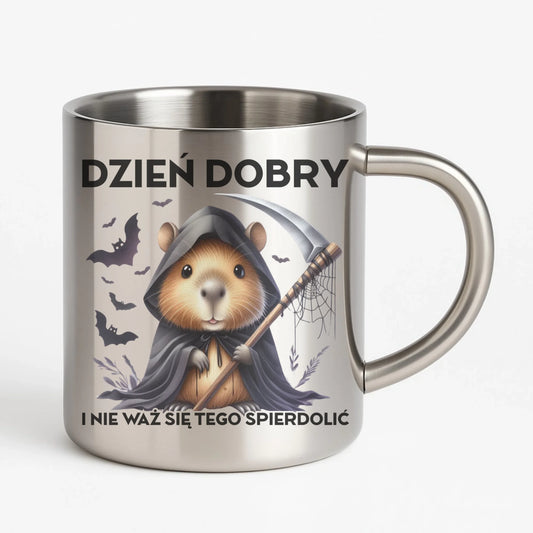 Kubek metalowy na halloween - Kapibara Żniwiarz - Dzień dobry - bez cenzury HL20 - StoryCups.pl