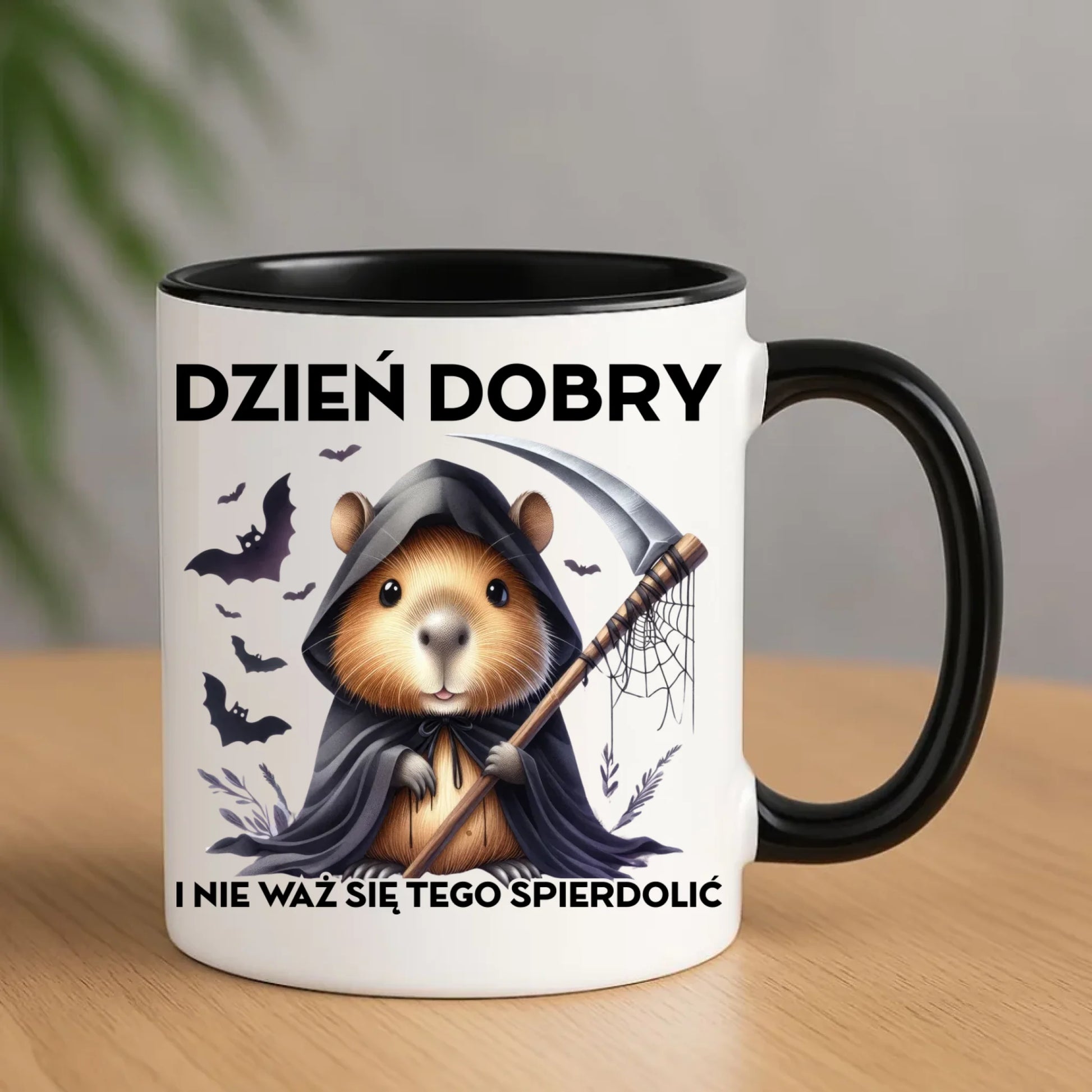 Kubek halloweenowy - Kapibara Żniwiarz - Dzień dobry - bez cenzury HL20 - StoryCups.pl