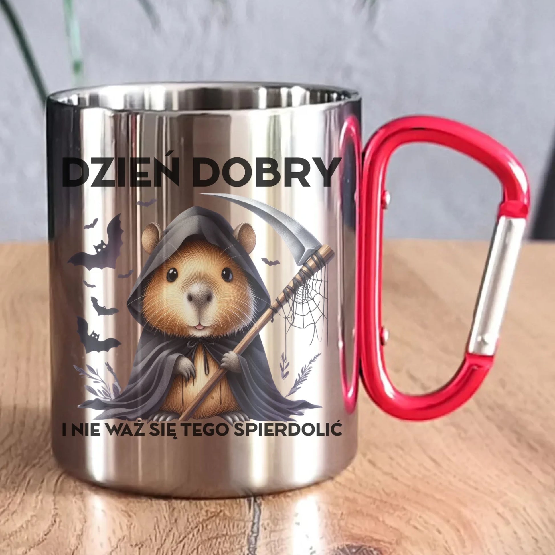 Kubek metalowy na halloween - Kapibara Żniwiarz - Dzień dobry - bez cenzury HL20 - StoryCups.pl