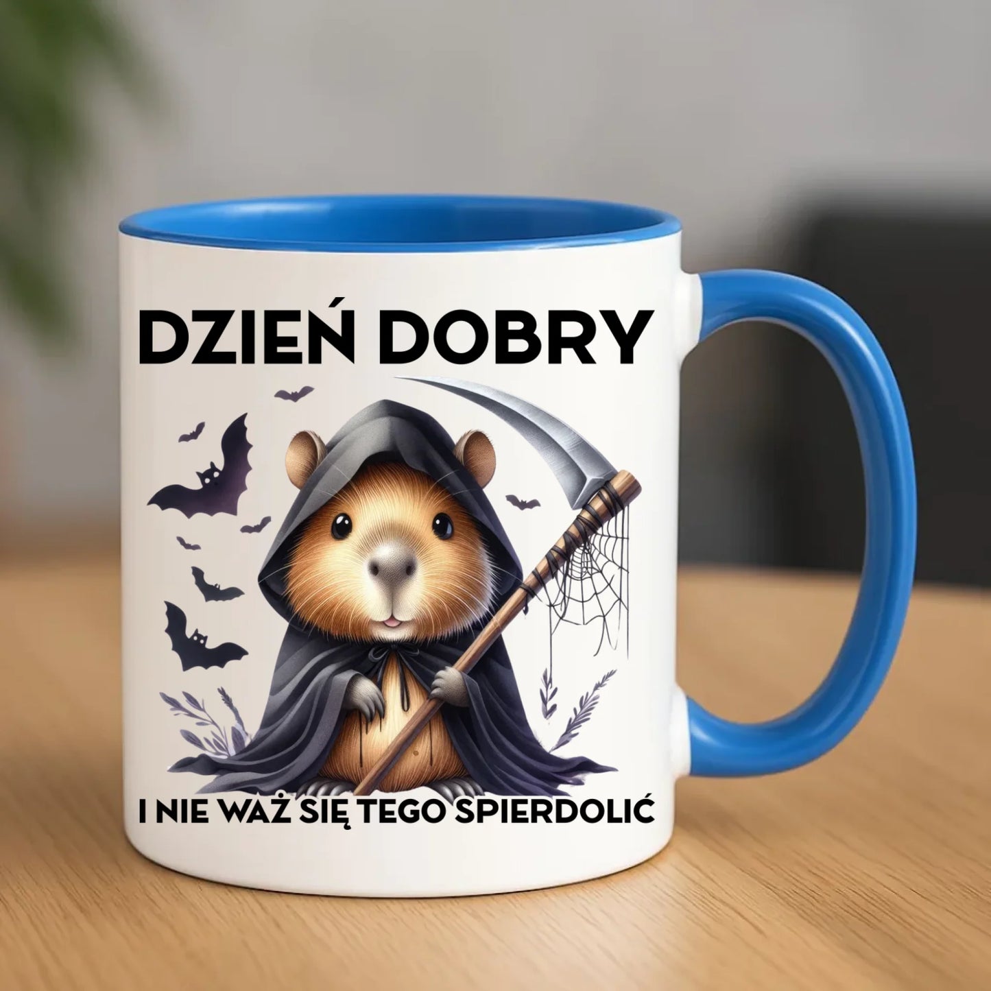 Kubek halloweenowy - Kapibara Żniwiarz - Dzień dobry - bez cenzury HL20 - StoryCups.pl