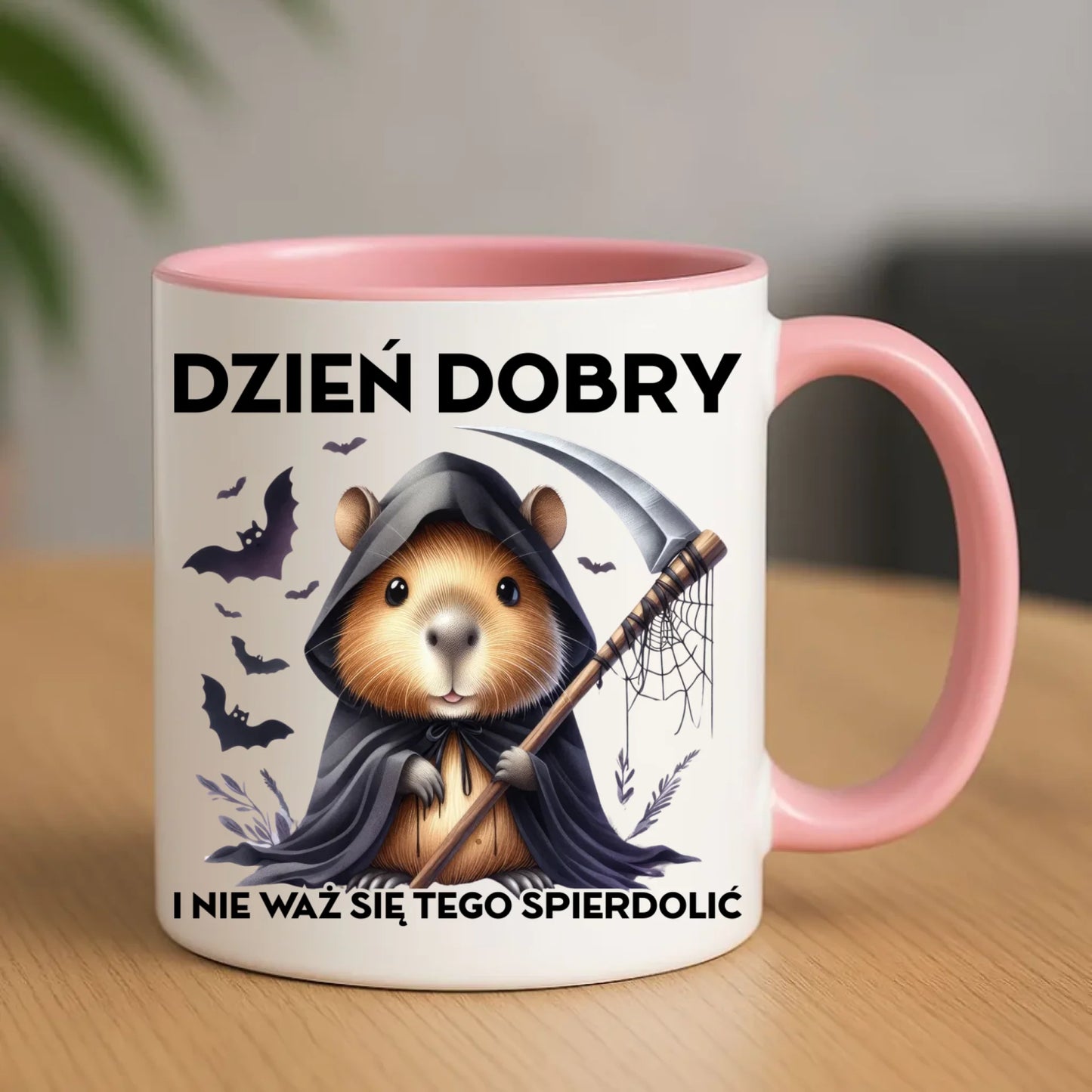 Kubek halloweenowy - Kapibara Żniwiarz - Dzień dobry - bez cenzury HL20 - StoryCups.pl