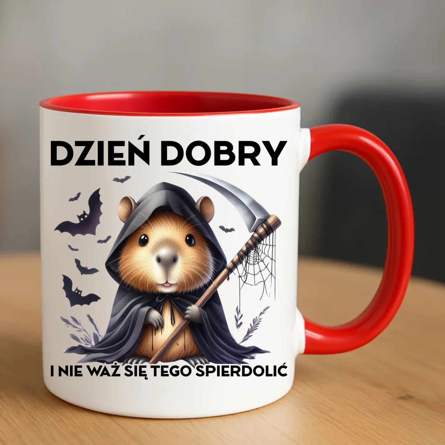 Kubek halloweenowy - Kapibara Żniwiarz - Dzień dobry - bez cenzury HL20 - StoryCups.pl