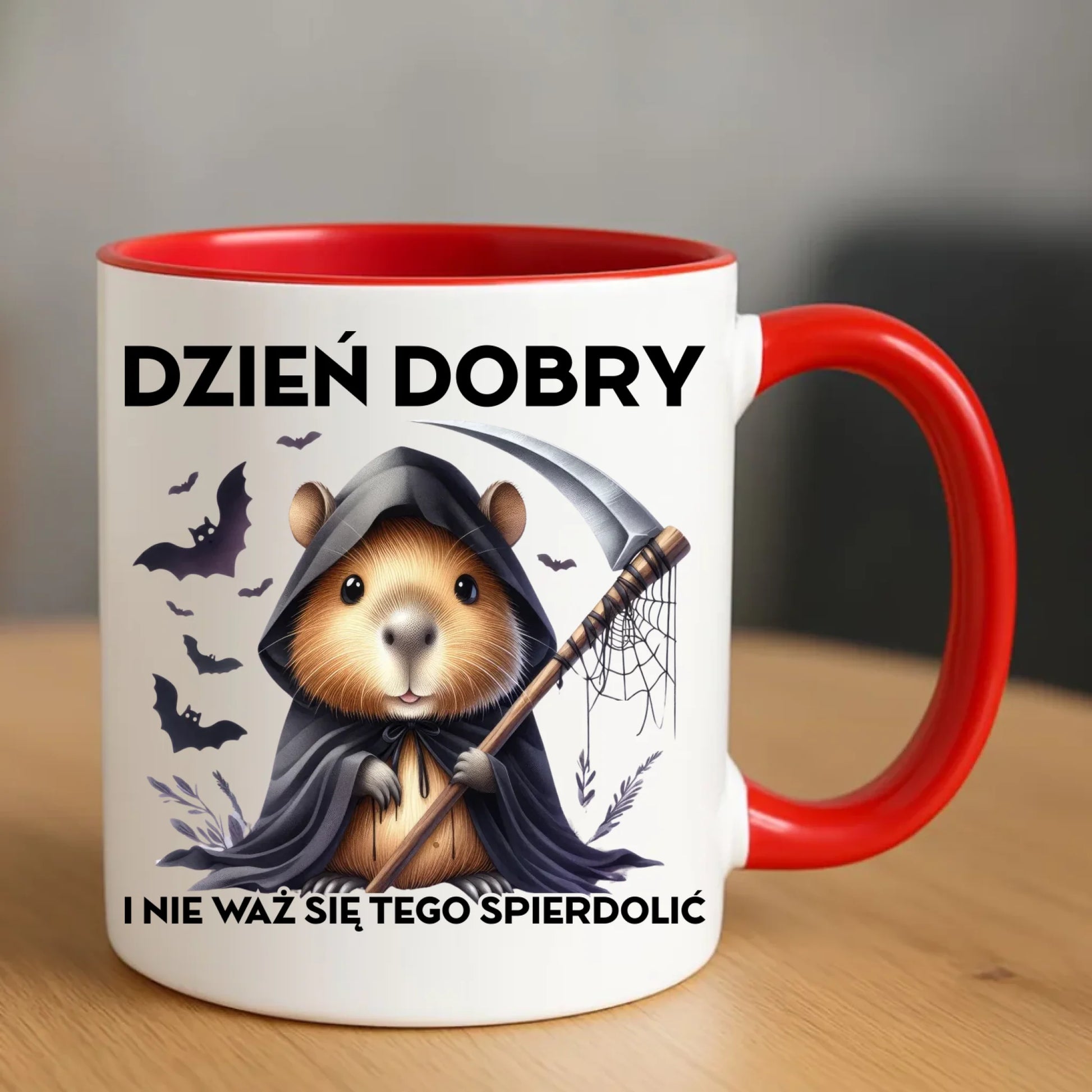 Kubek halloweenowy - Kapibara Żniwiarz - Dzień dobry - bez cenzury HL20 - StoryCups.pl