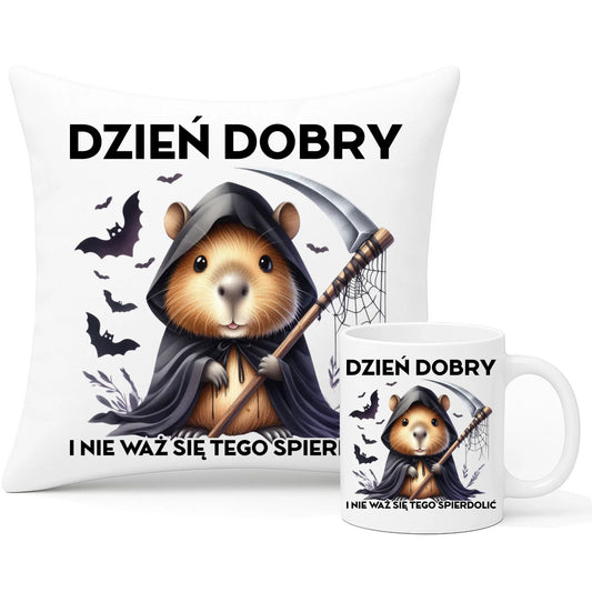 Zestaw poduszka i kubek na halloween - Kapibara Żniwiarz - Dzień dobry - bez cenzury HL20 - StoryCups.pl