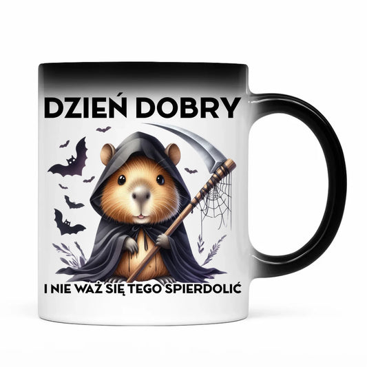 Kubek magiczny halloweenowy - Kapibara Żniwiarz - Dzień dobry - bez cenzury HL20 - StoryCups.pl