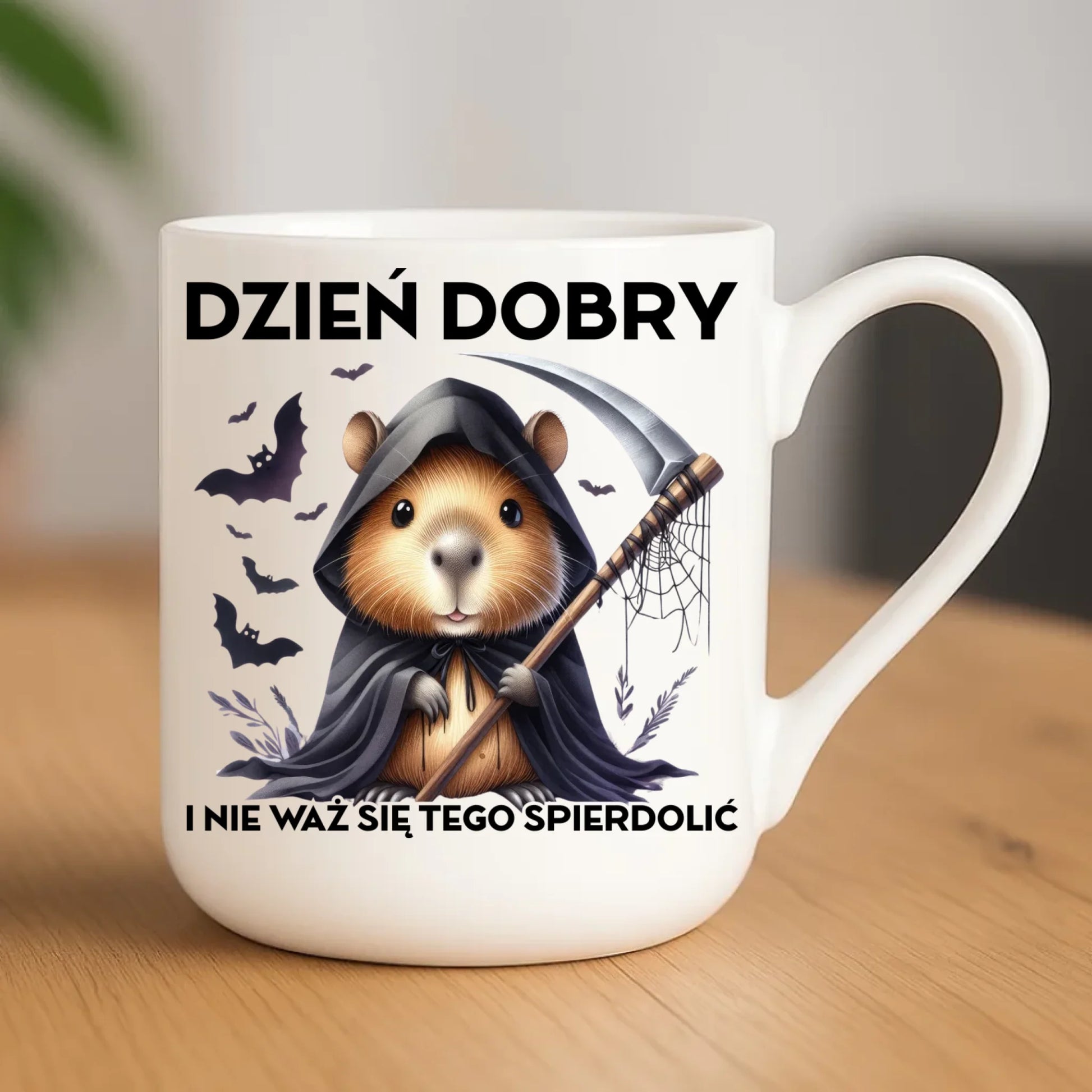 Kubek elegant halloweenowy - Kapibara Żniwiarz - Dzień dobry - bez cenzury HL20 - StoryCups.pl