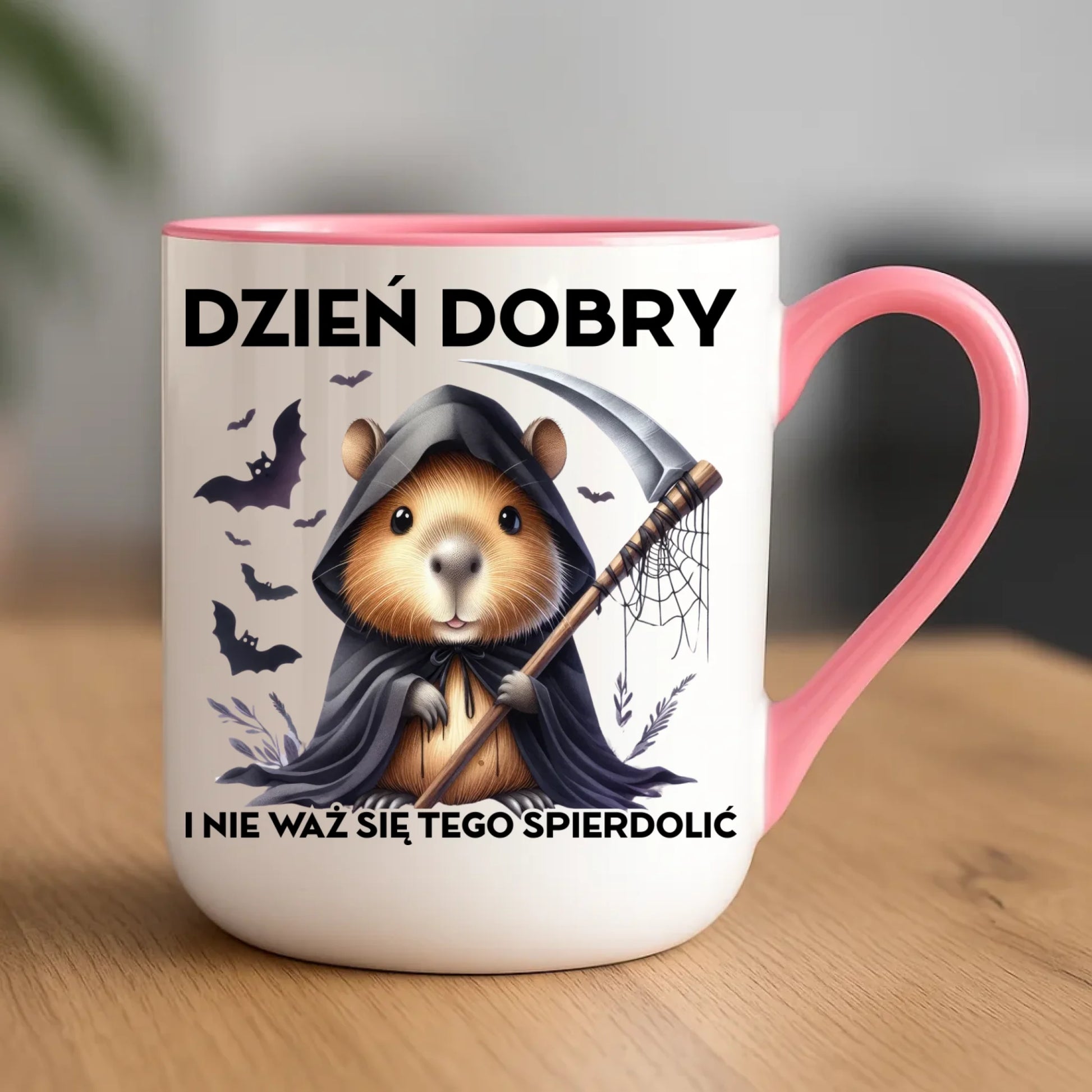 Kubek elegant halloweenowy - Kapibara Żniwiarz - Dzień dobry - bez cenzury HL20 - StoryCups.pl