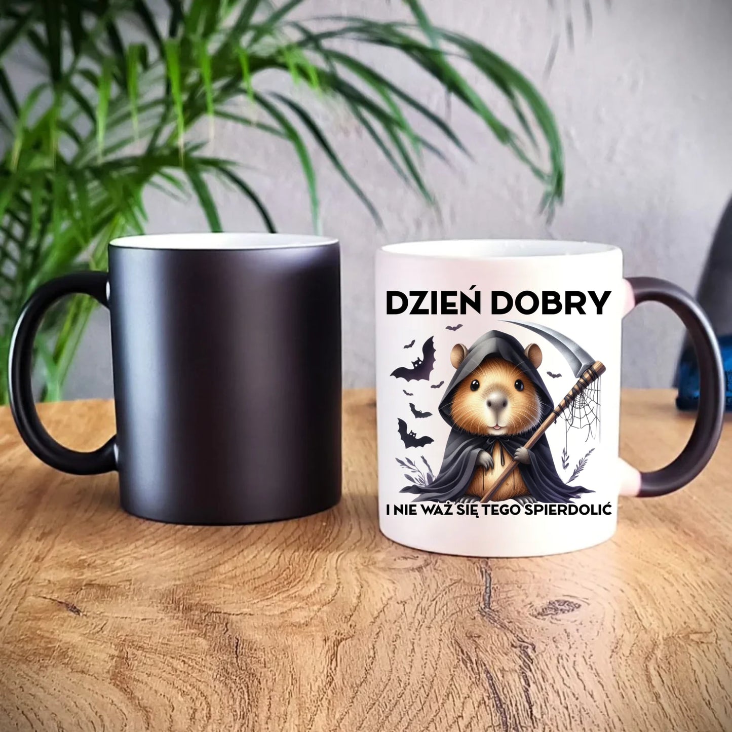 Kubek magiczny halloweenowy - Kapibara Żniwiarz - Dzień dobry - bez cenzury HL20 - StoryCups.pl