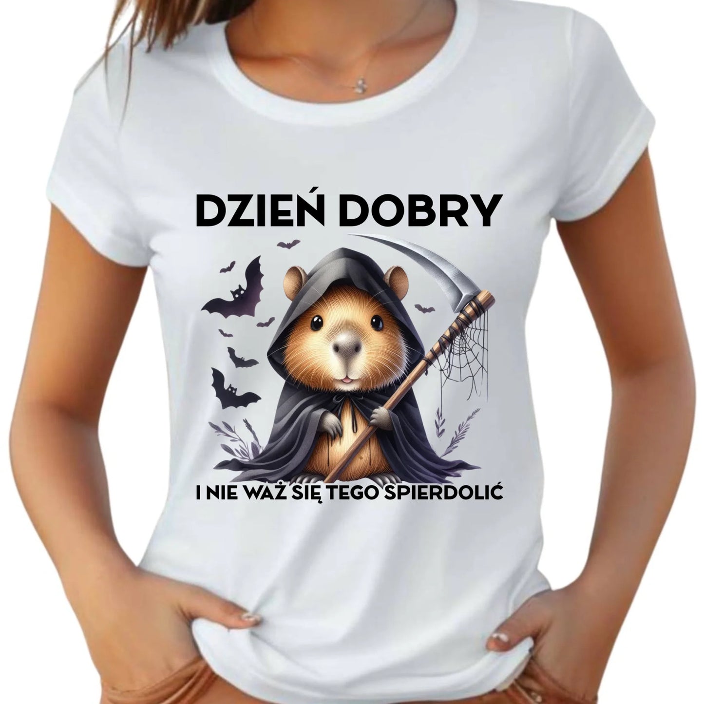 Koszulka damska halloweenowa - Kapibara Żniwiarz - Dzień dobry - bez cenzury HL20