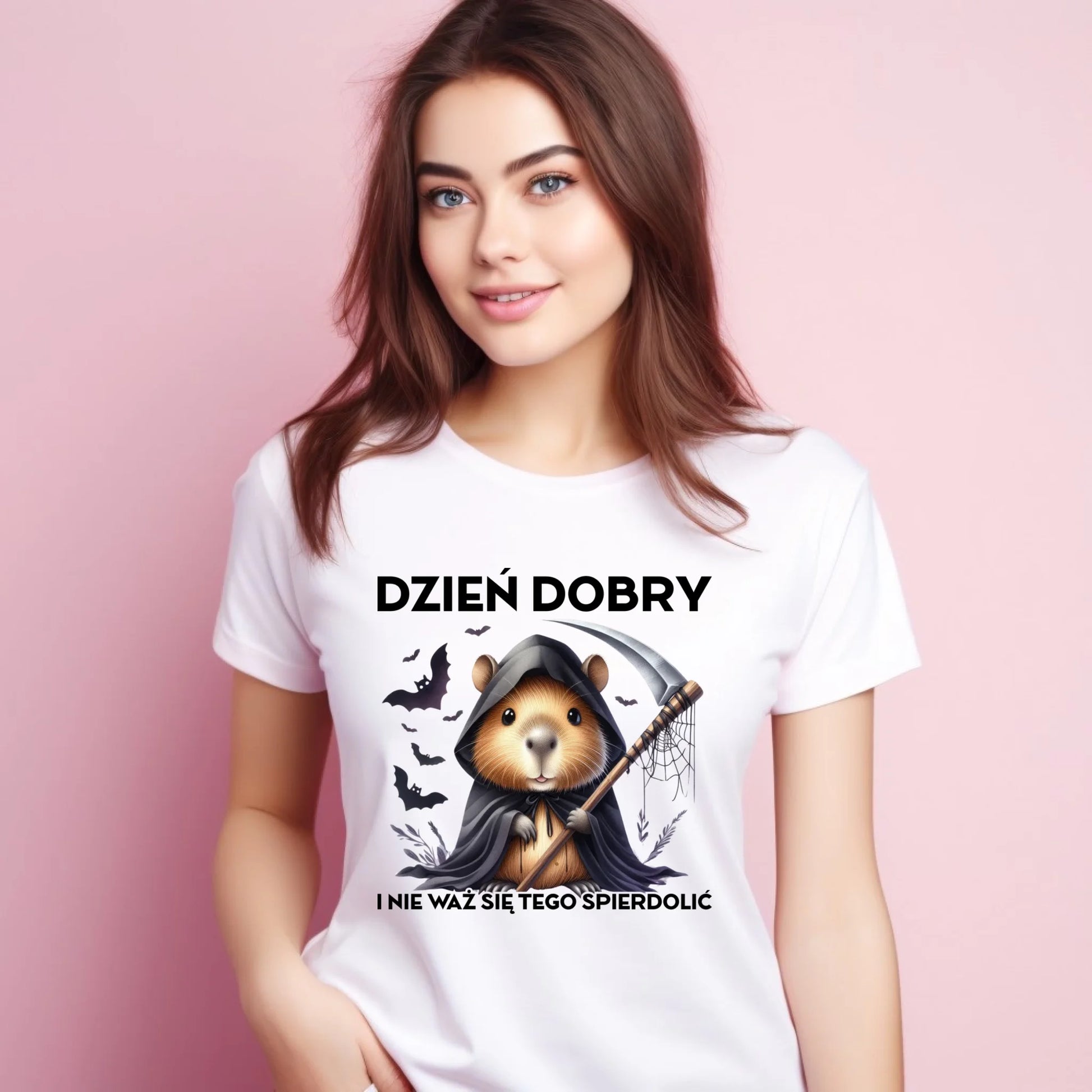 Koszulka damska halloweenowa - Kapibara Żniwiarz - Dzień dobry - bez cenzury HL20 - StoryCups.pl