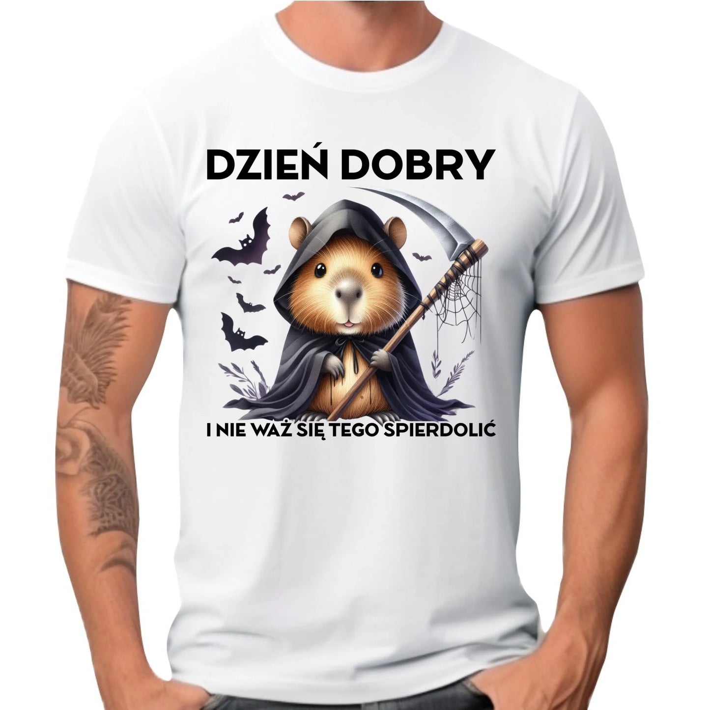 Koszulka męska halloweenowa - Kapibara Żniwiarz - Dzień dobry - bez cenzury HL20 - StoryCups.pl
