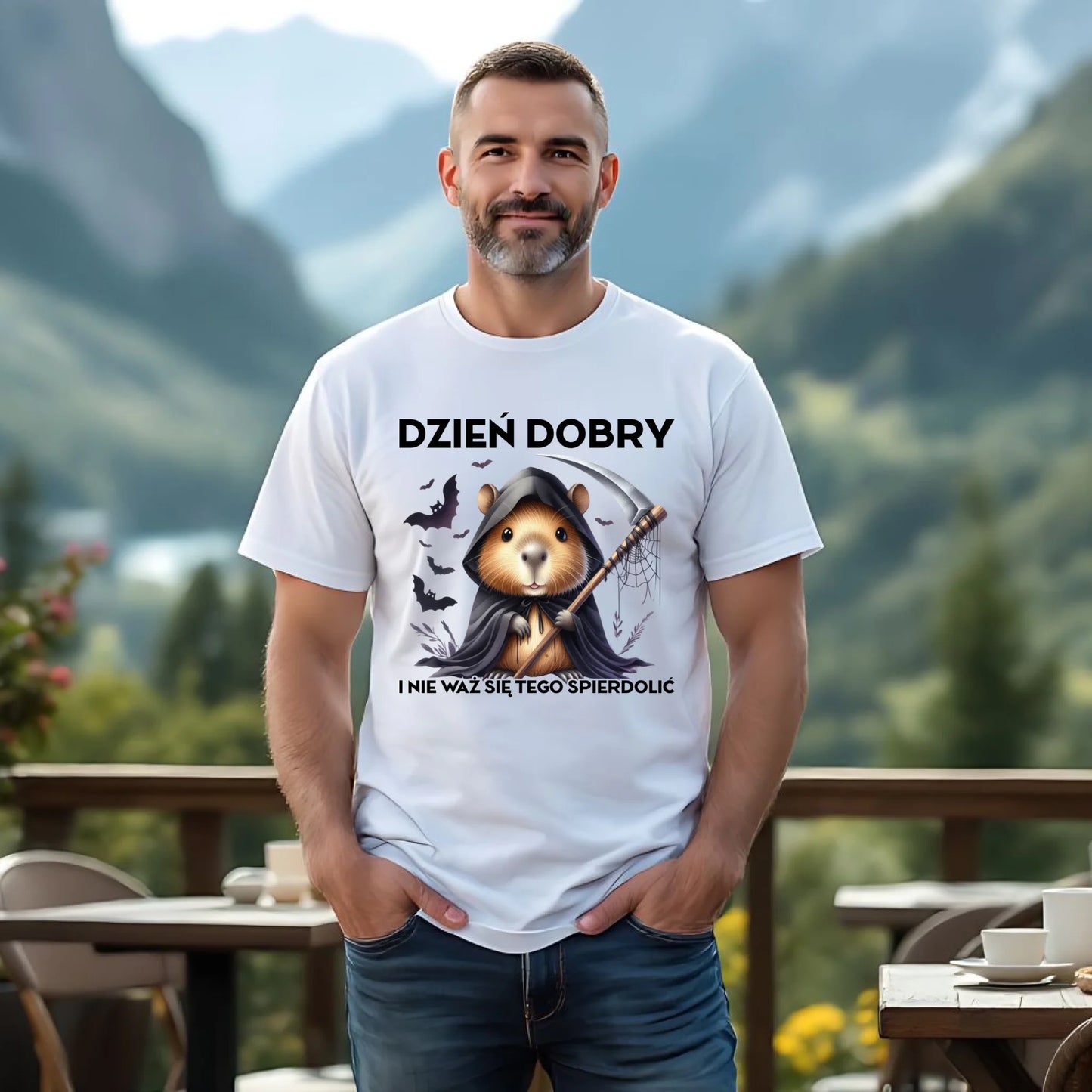 Koszulka męska halloweenowa - Kapibara Żniwiarz - Dzień dobry - bez cenzury HL20 - StoryCups.pl