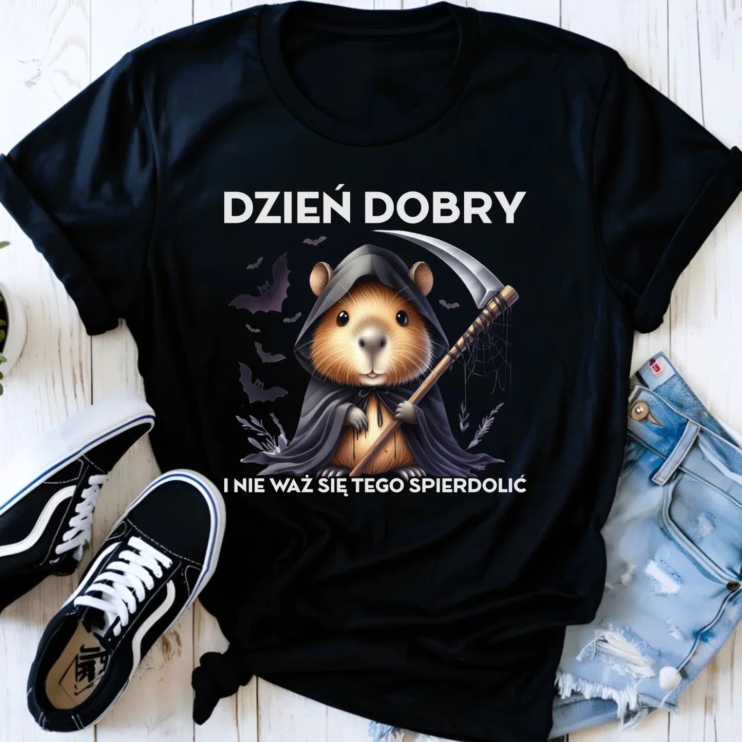 Koszulka damska halloweenowa - Kapibara Żniwiarz - Dzień dobry - bez cenzury HL20 - StoryCups.pl