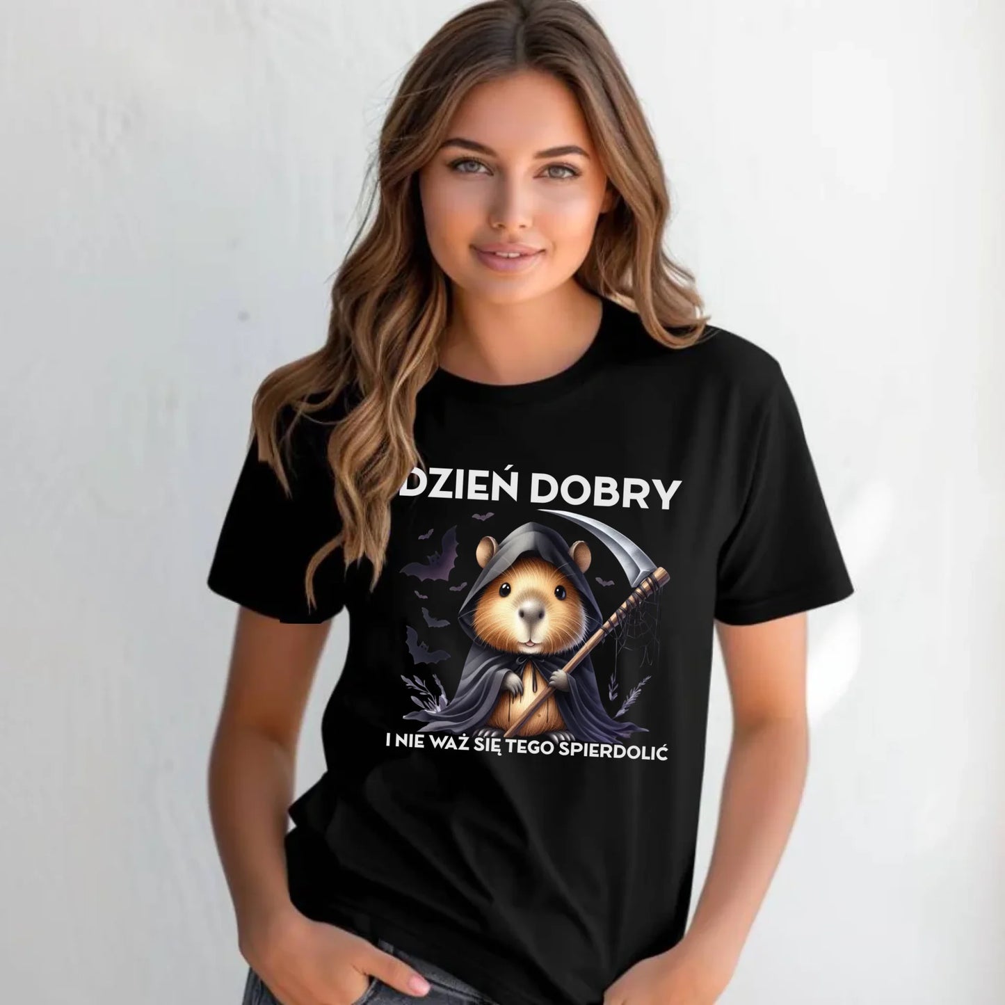 Koszulka damska halloweenowa - Kapibara Żniwiarz - Dzień dobry - bez cenzury HL20