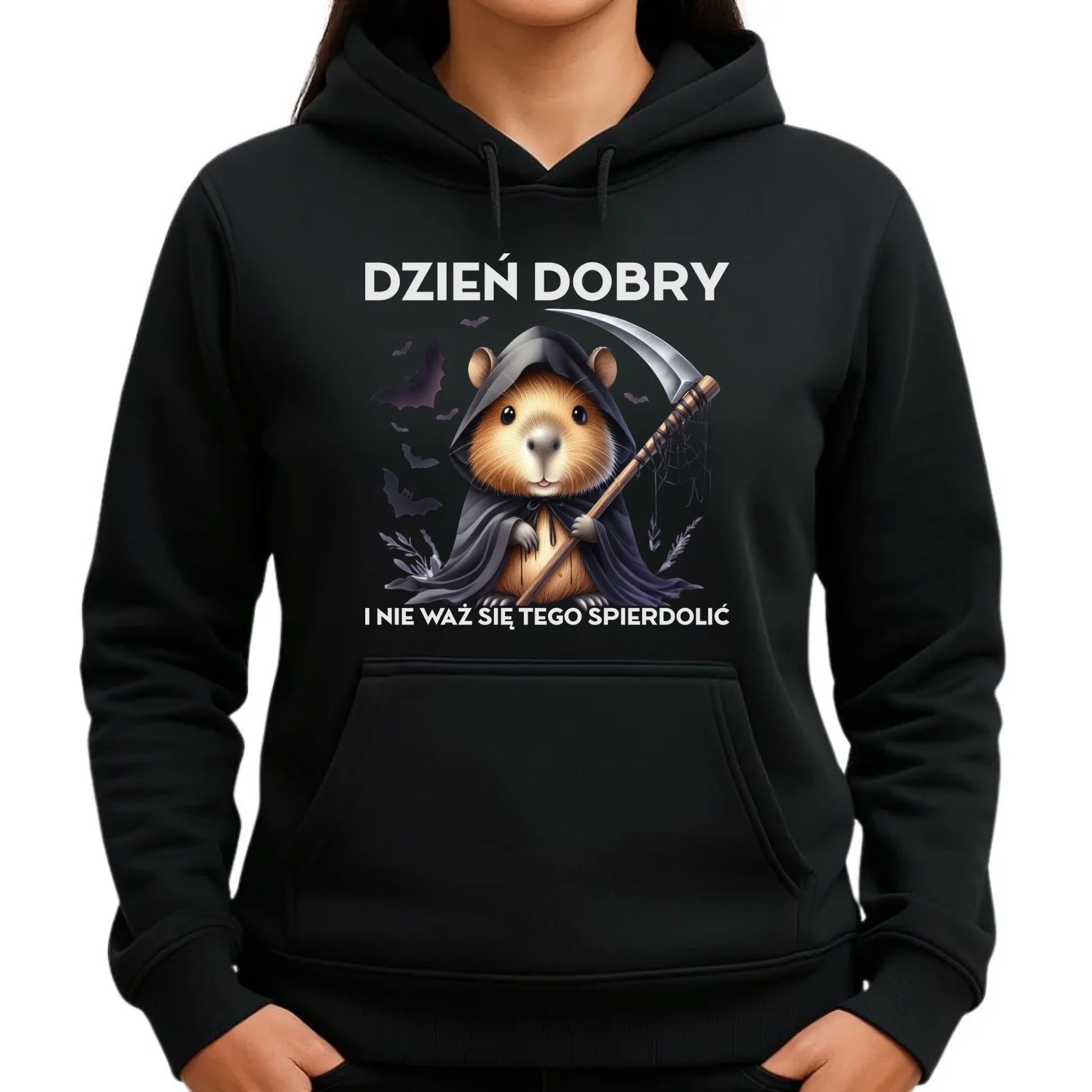 Bluza damska z kapturem na halloween - Kapibara Żniwiarz - Dzień dobry - bez cenzury HL20 - StoryCups.pl