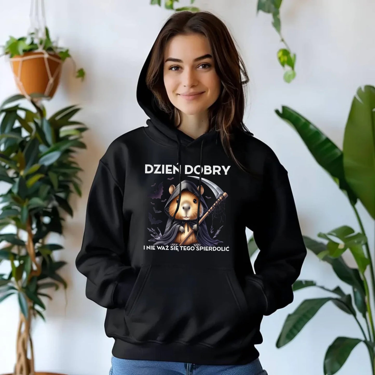 Bluza damska z kapturem na halloween - Kapibara Żniwiarz - Dzień dobry - bez cenzury HL20 - StoryCups.pl