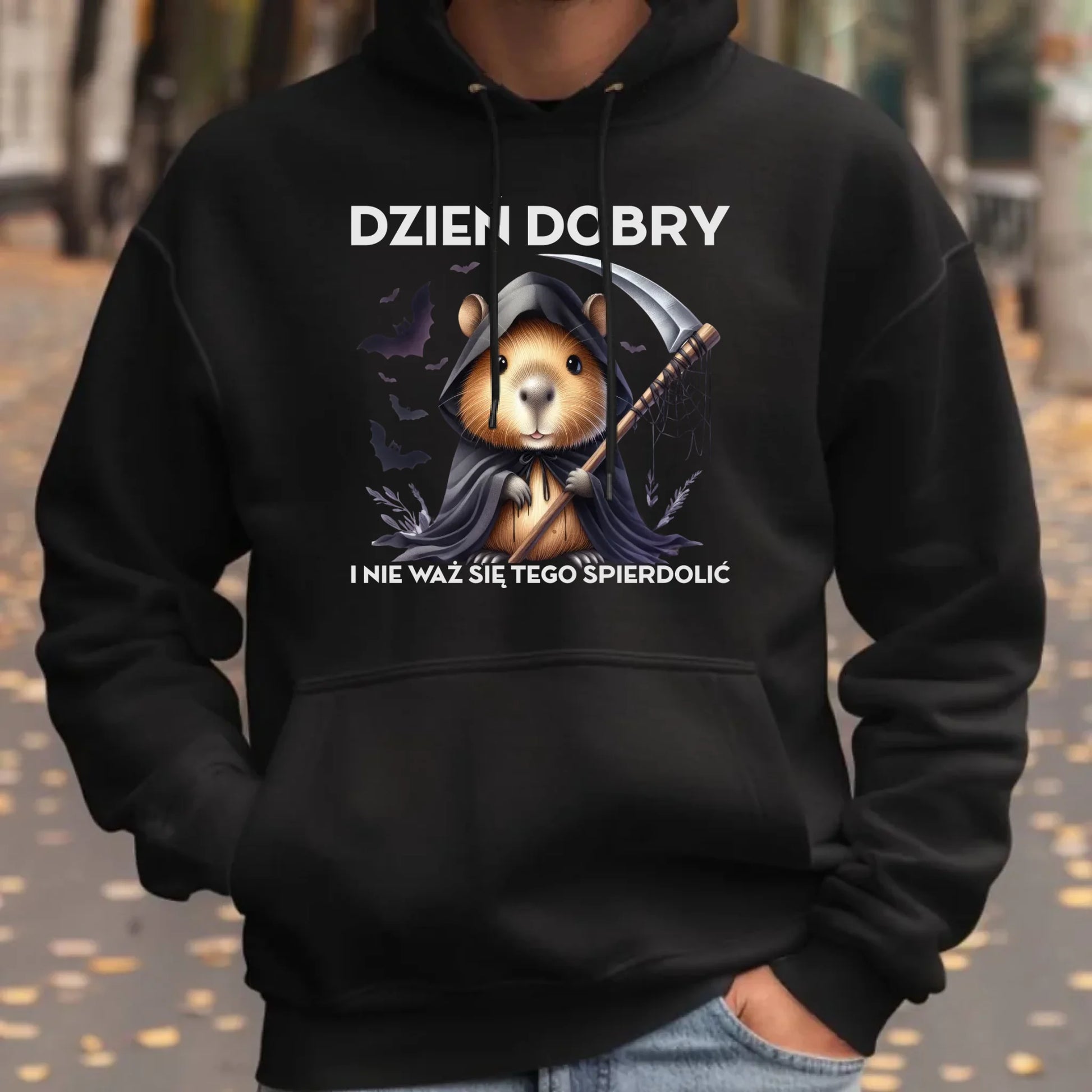 Bluza męska z kapturem na halloween - Kapibara Żniwiarz - Dzień dobry - bez cenzury HL20 - StoryCups.pl