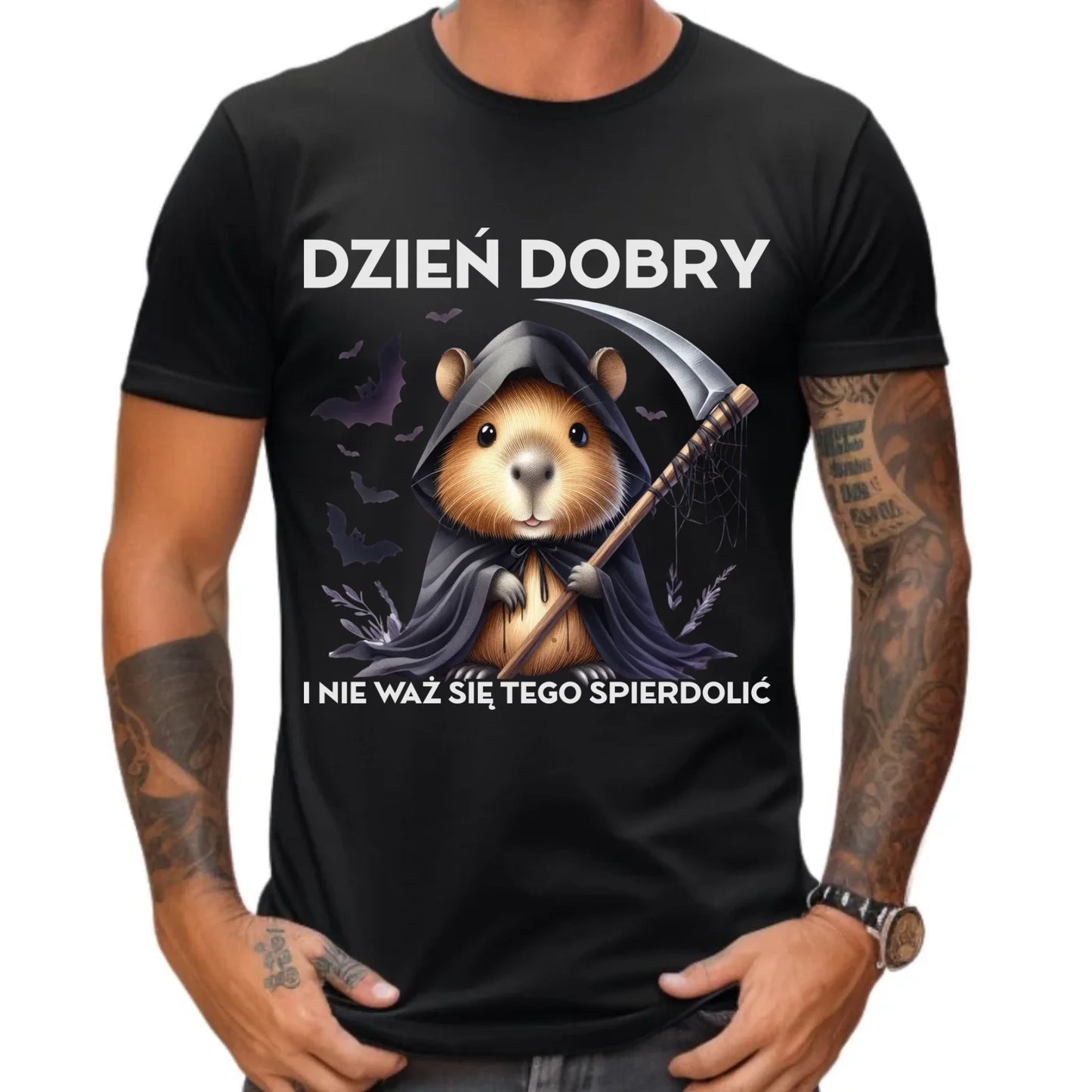 Koszulka męska halloweenowa - Kapibara Żniwiarz - Dzień dobry - bez cenzury HL20 - StoryCups.pl