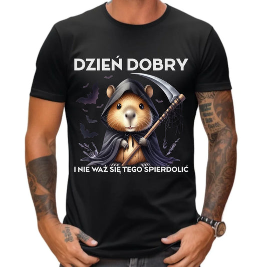 Koszulka męska halloweenowa - Kapibara Żniwiarz - Dzień dobry - bez cenzury HL20 - StoryCups.pl