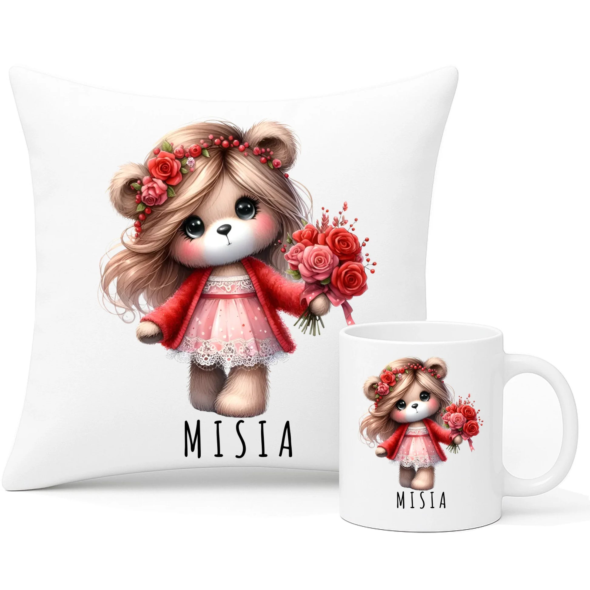 Zestaw poduszka i kubek - prezent dla dziewczyny - Urocza Misia W35 - StoryCups.pl