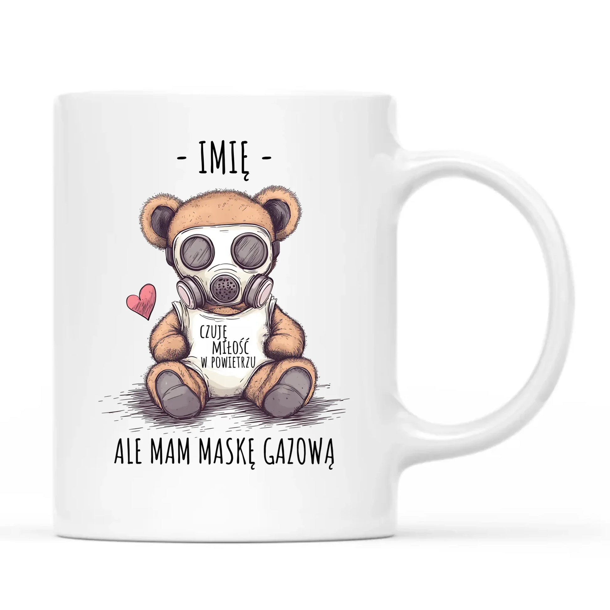 Kubek - Miś w masce gazowej - Czuję miłość w powietrzu - personalizowany W38 - StoryCups.pl