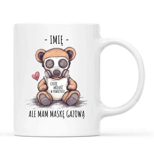 Kubek - Miś w masce gazowej - Czuję miłość w powietrzu - personalizowany W38 - StoryCups.pl