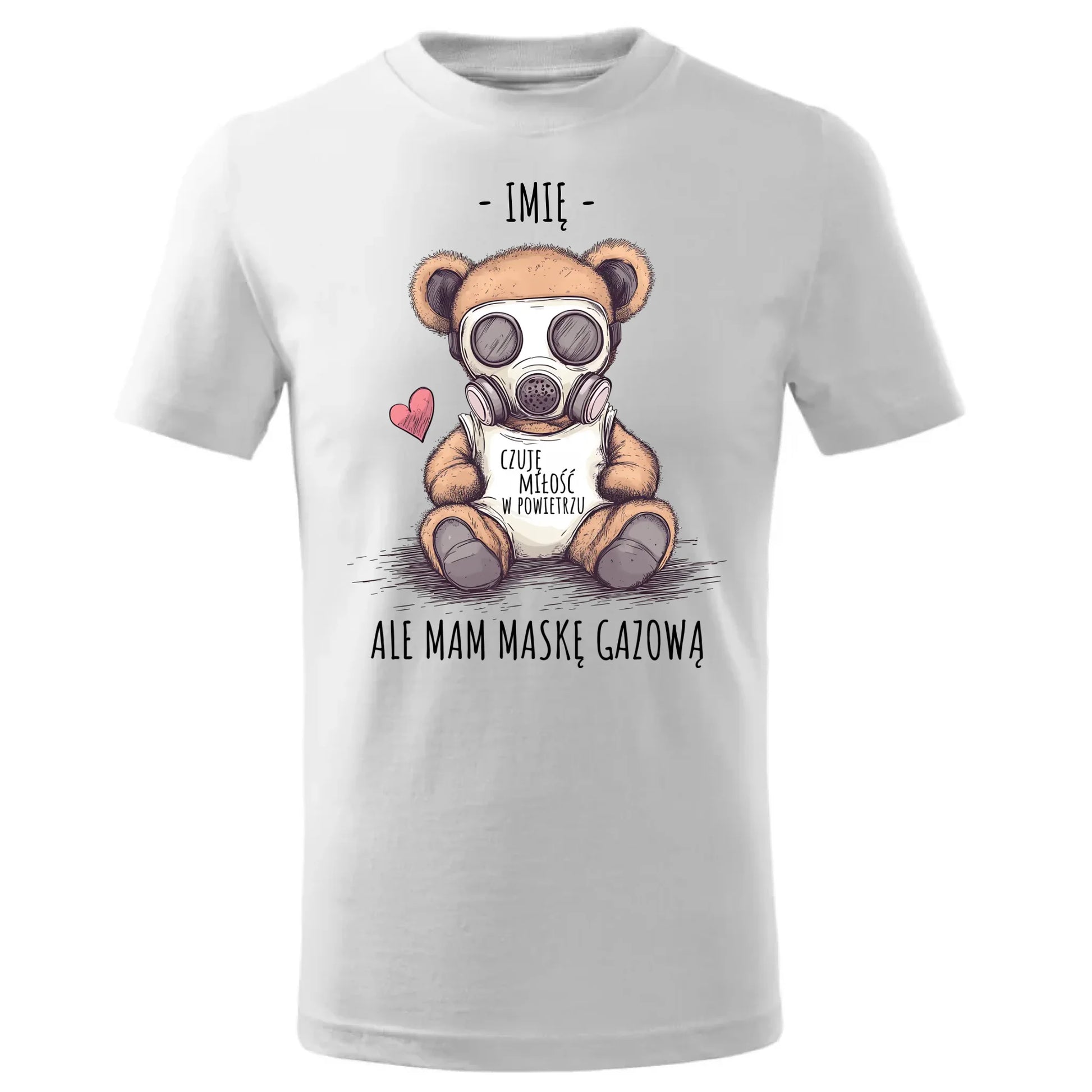Koszulka dziecięca - Miś w masce gazowej - Czuję miłość w powietrzu - personalizowana W38 - StoryCups.pl